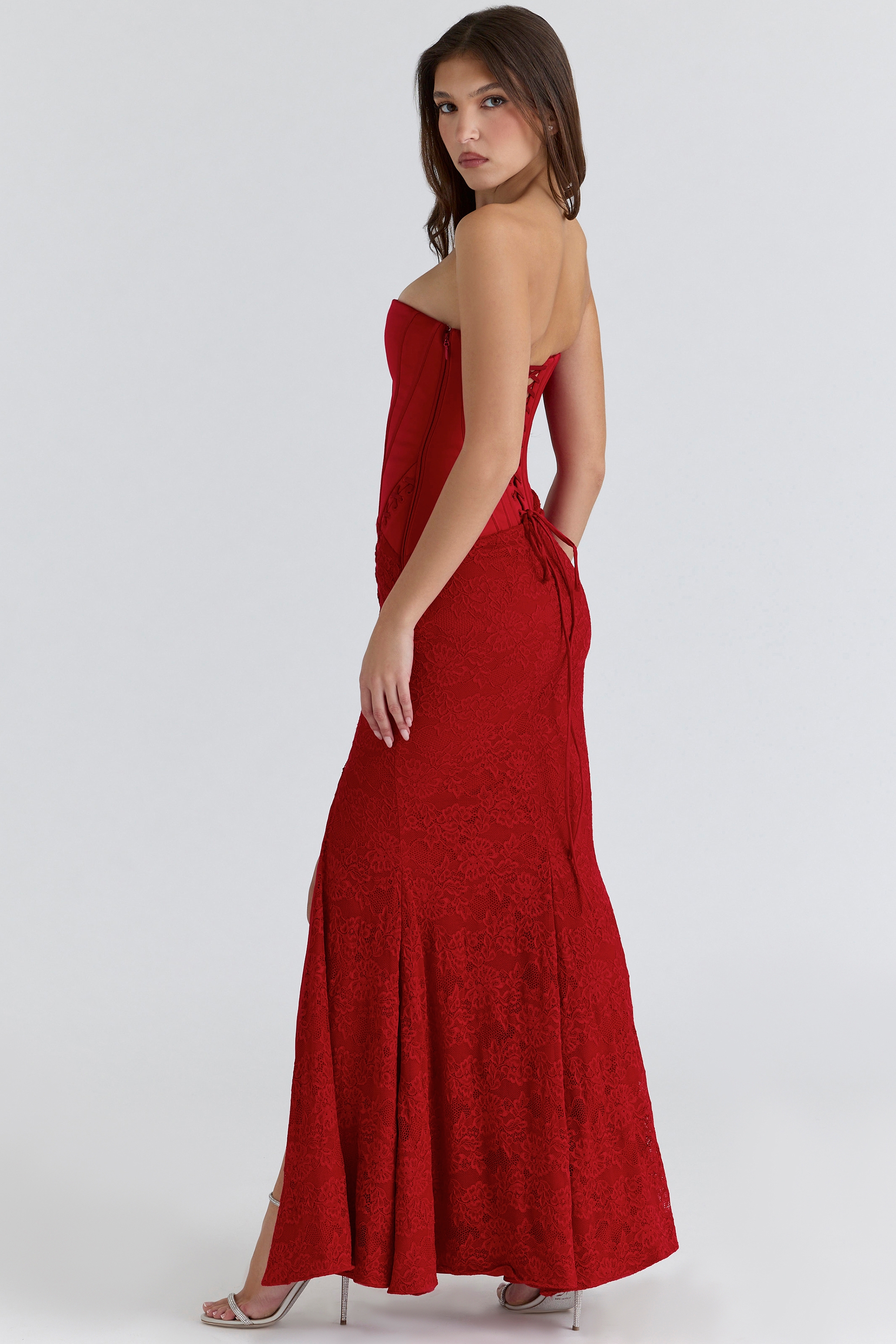 red satin lace strapless maxi dress