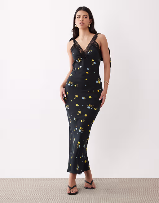 maxi slip dress with lace trim and ties in black floral
