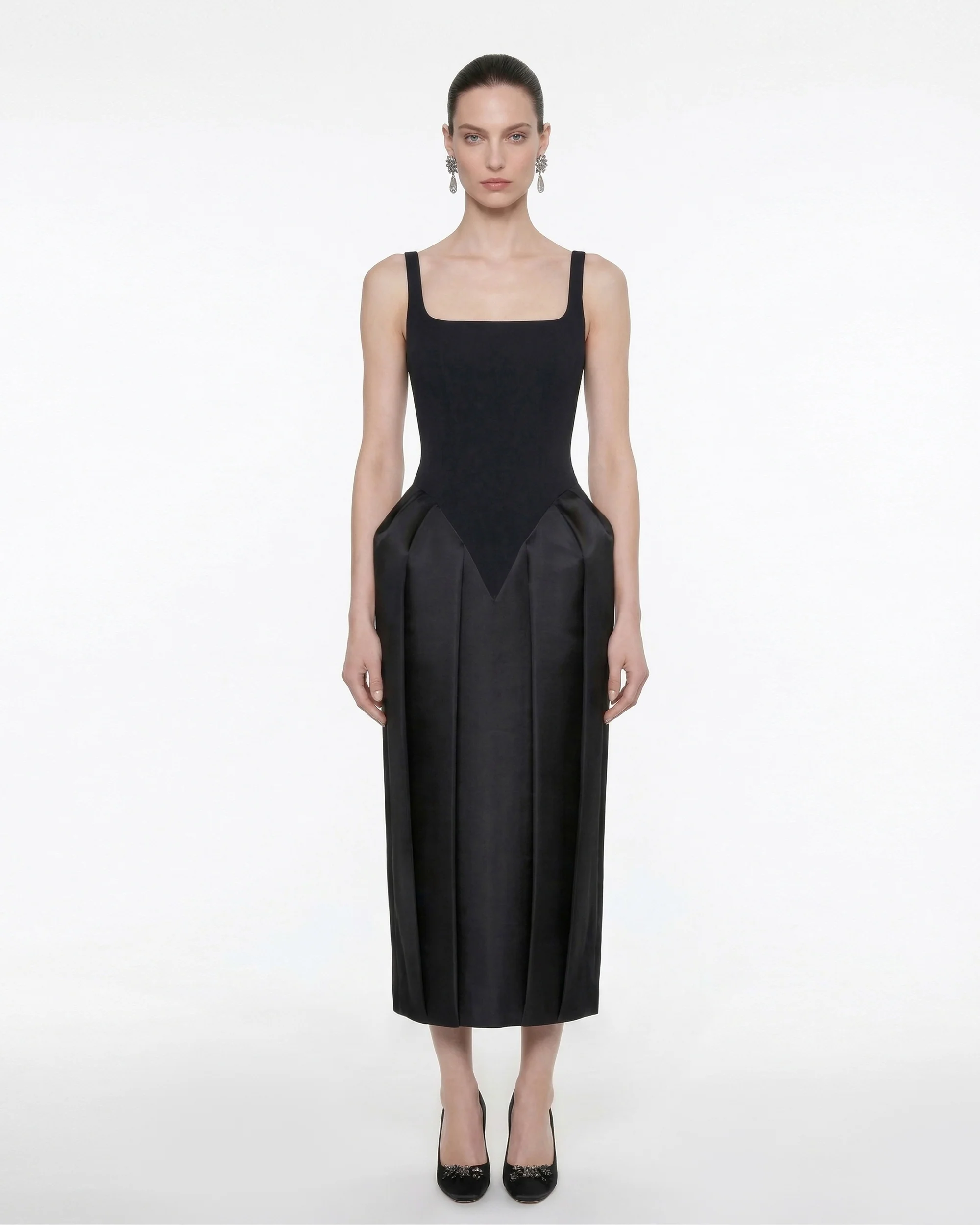 Square Neck Pannier Midi Dress - Black