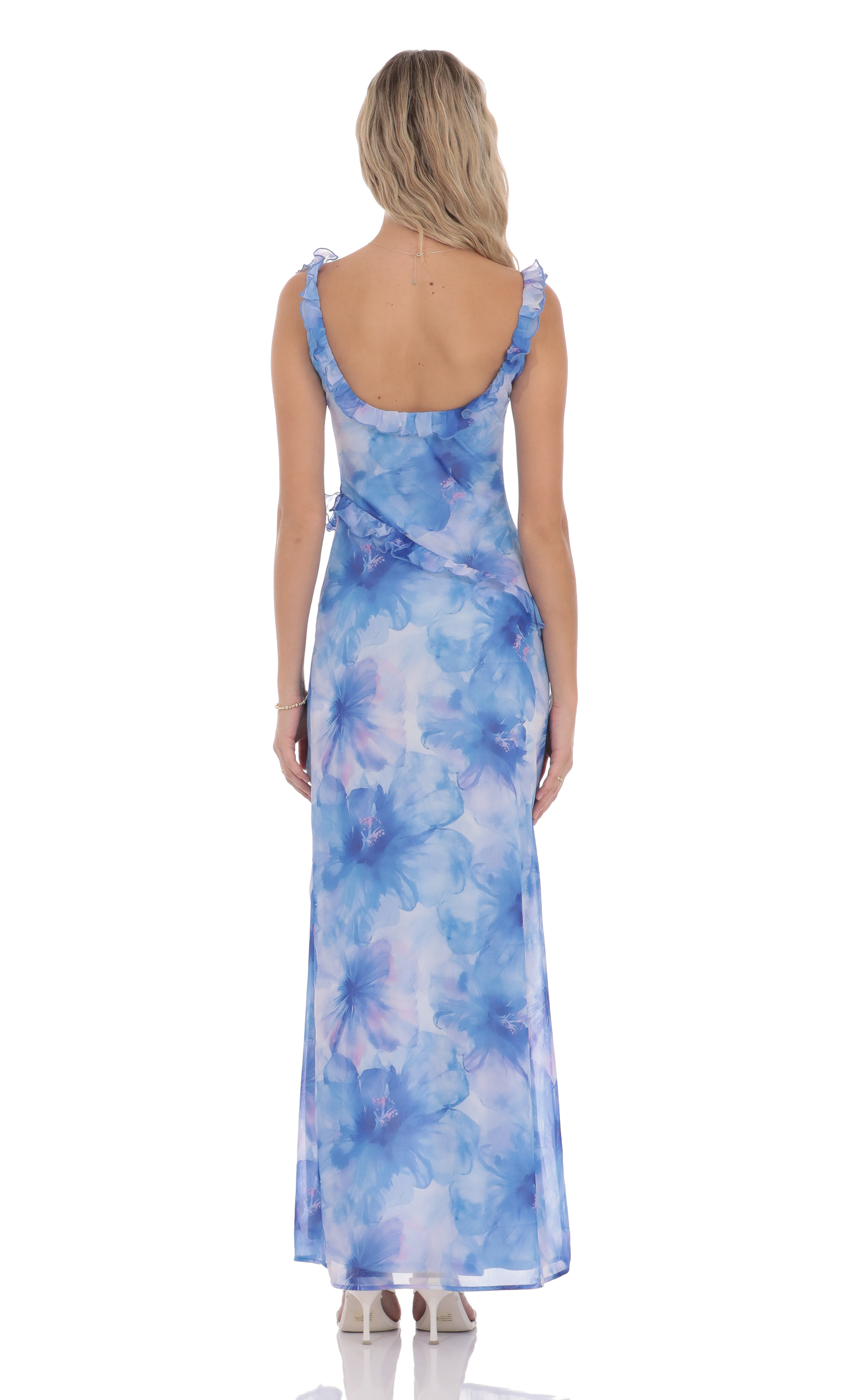 Floral Ruffle Cowl Neck Maxi Dress in Blue