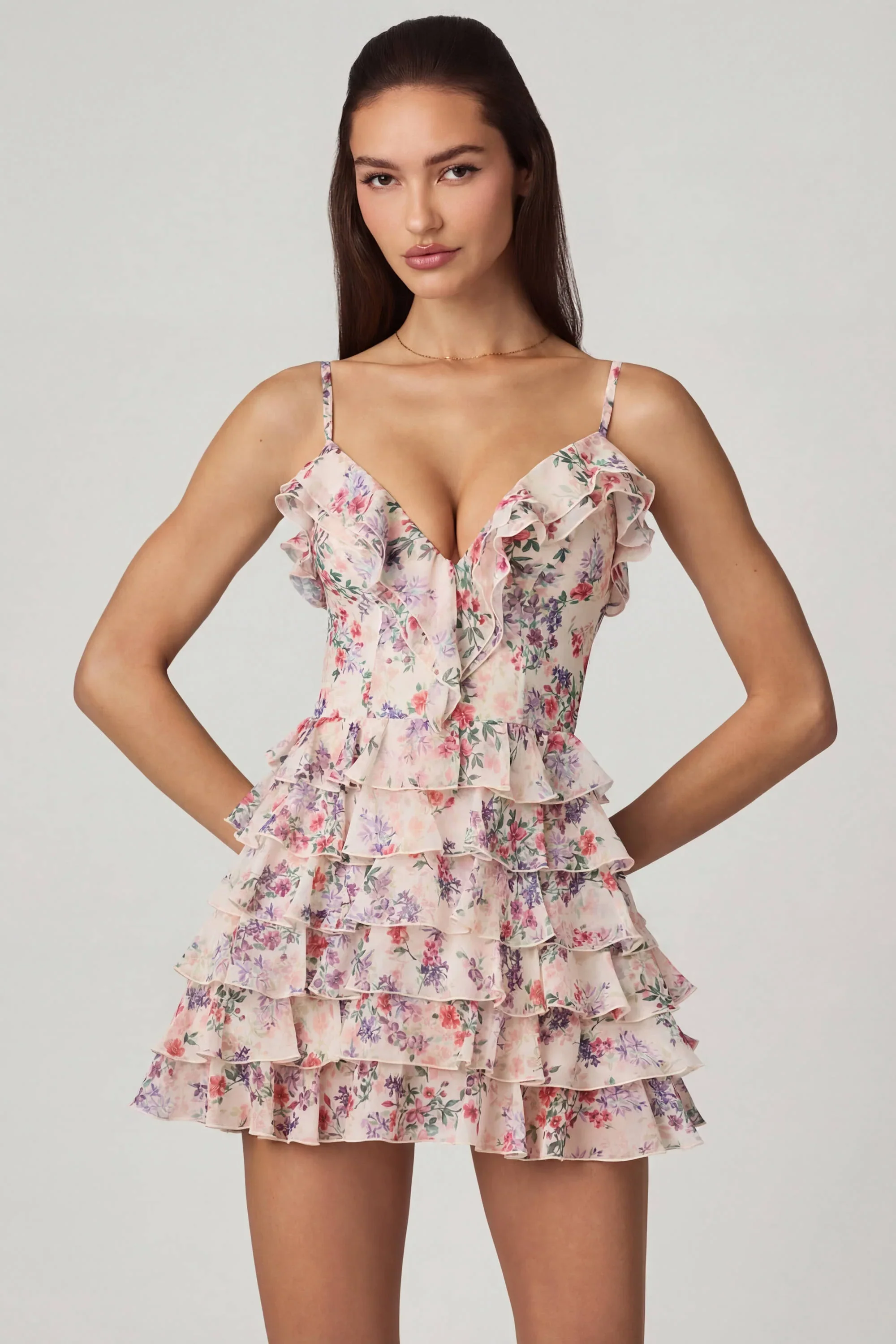 Ruffled Lace-Up A-Line Mini Dress in Primrose Floral Print