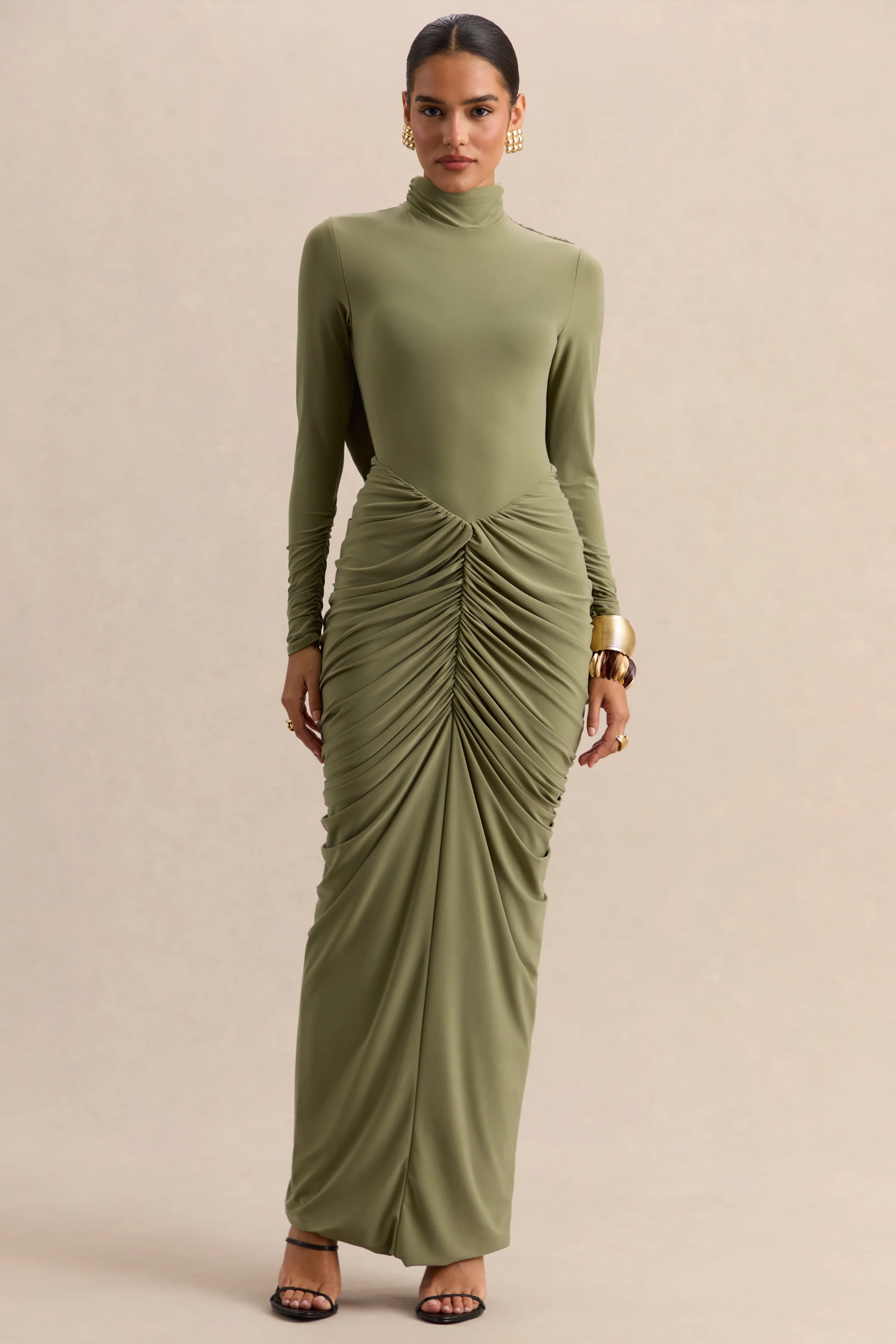 Harmona | Olive High-Neck Maxi Dress With Gathered And Draped-Detailing