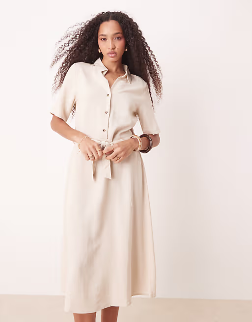 JDY linen mix midi shirt dress in beige