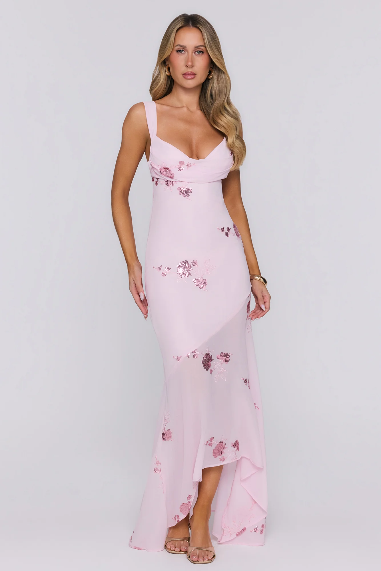 Flirty Sequin Embroidered High-Low Maxi Dress Pink
