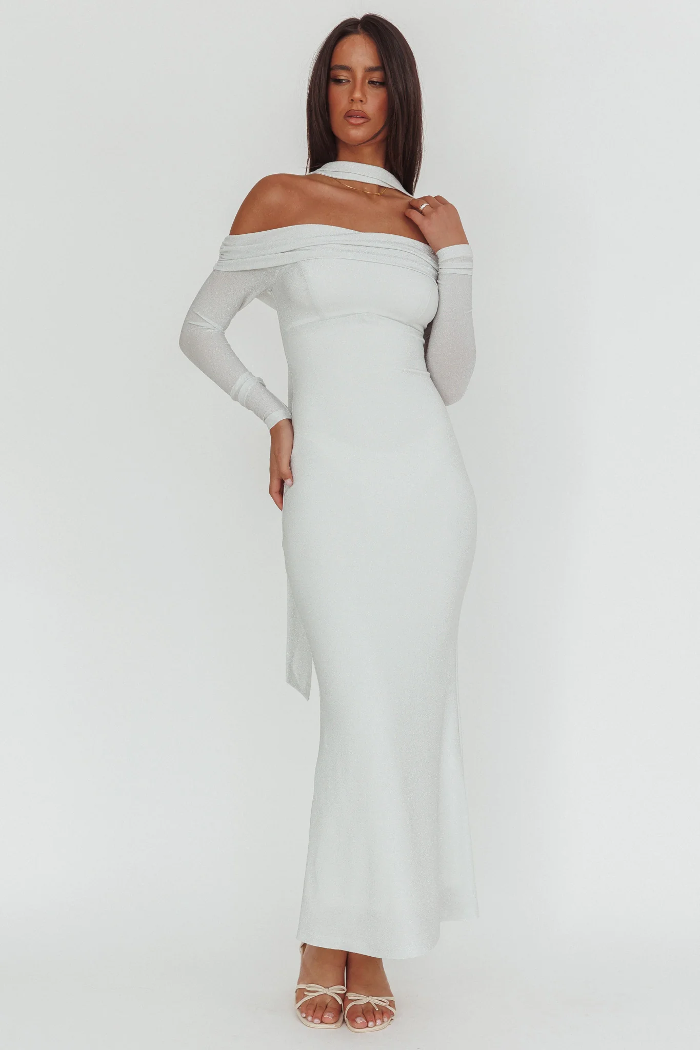 Flutters Off-Shoulder Long Sleeve Maxi Dress White - luluinthesky