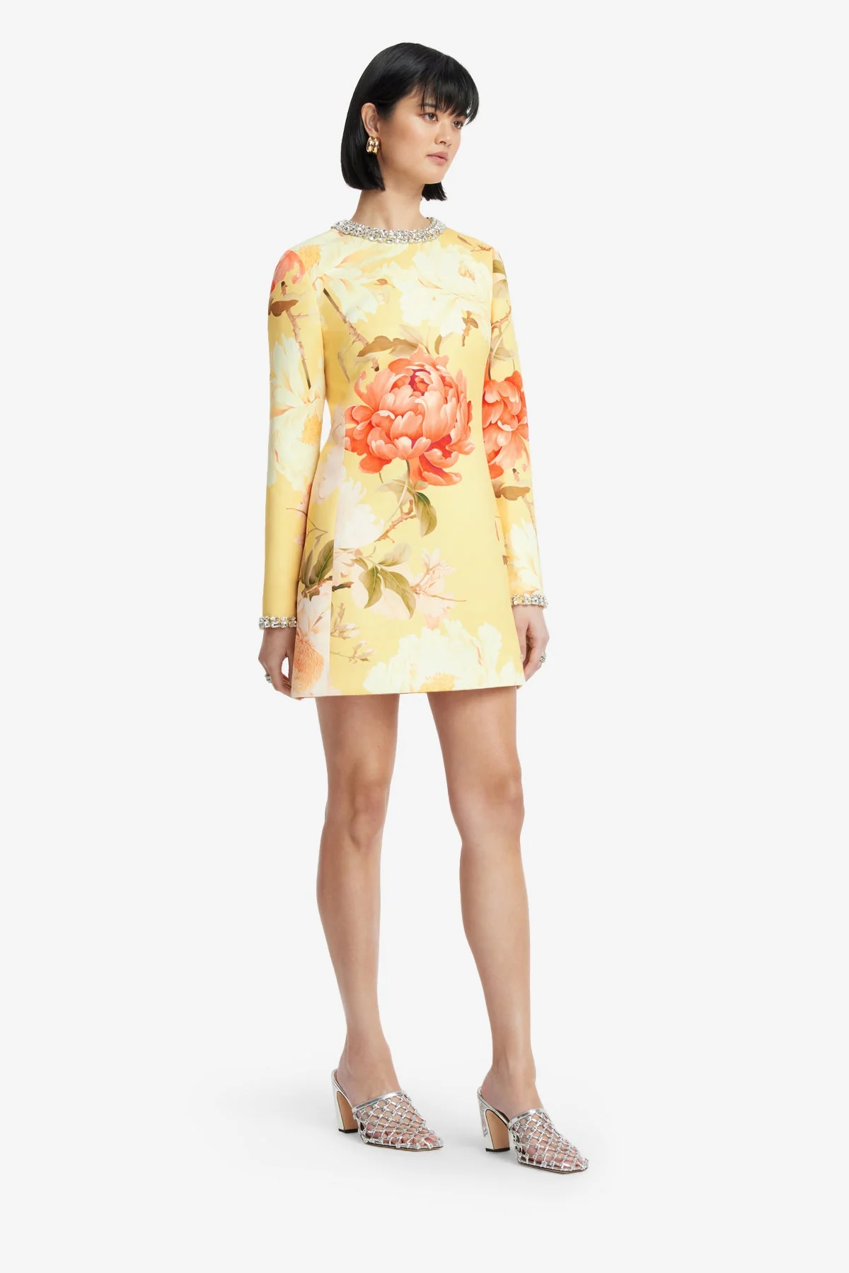Aliza Embellished Long Sleeve Mini Dress - Peony Print in Yellow