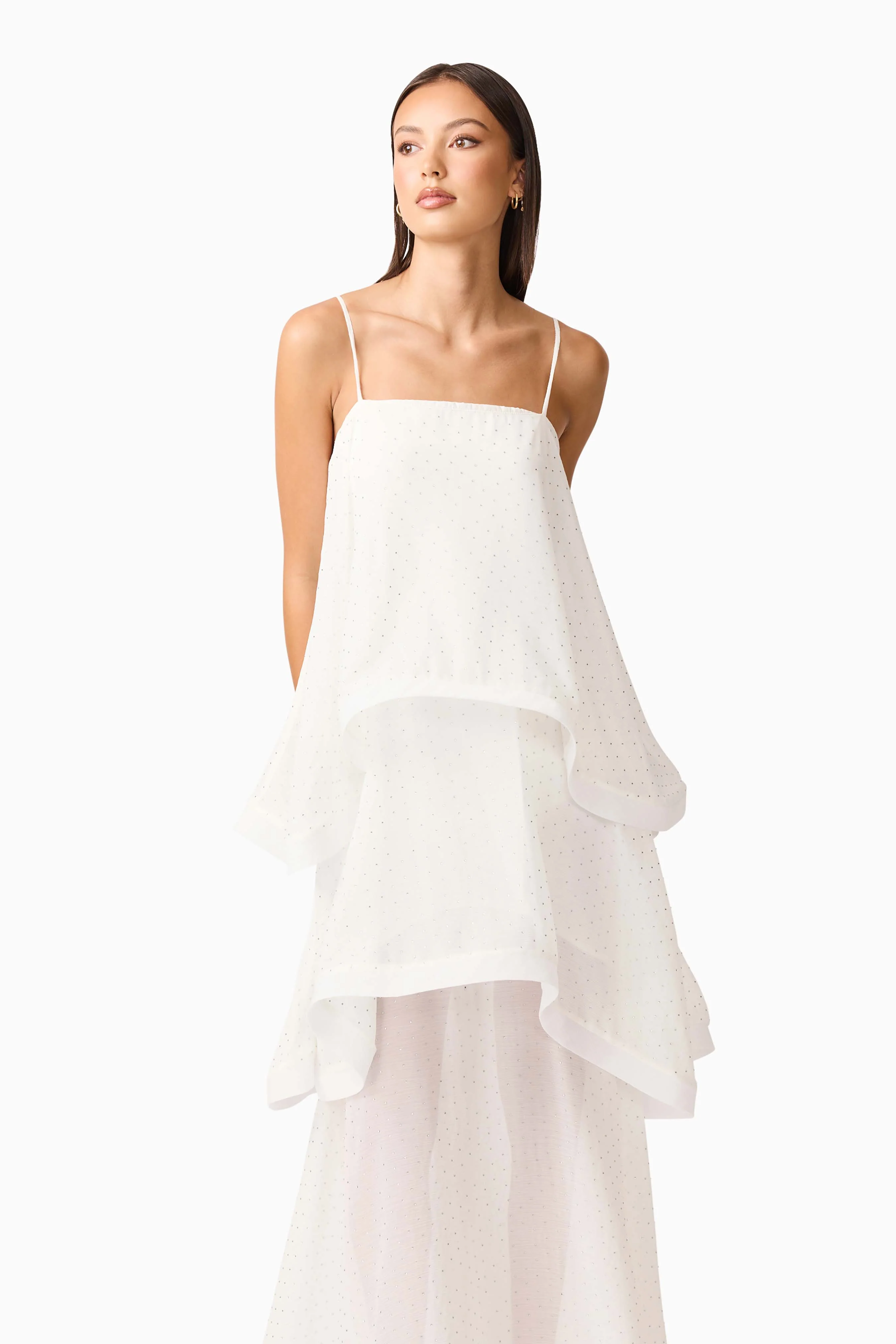 Moss Tiered Embellished Gown in White