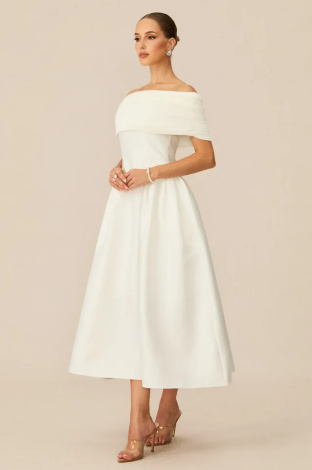 Vivian Off Shoulder Flare Satin Midi Dress
