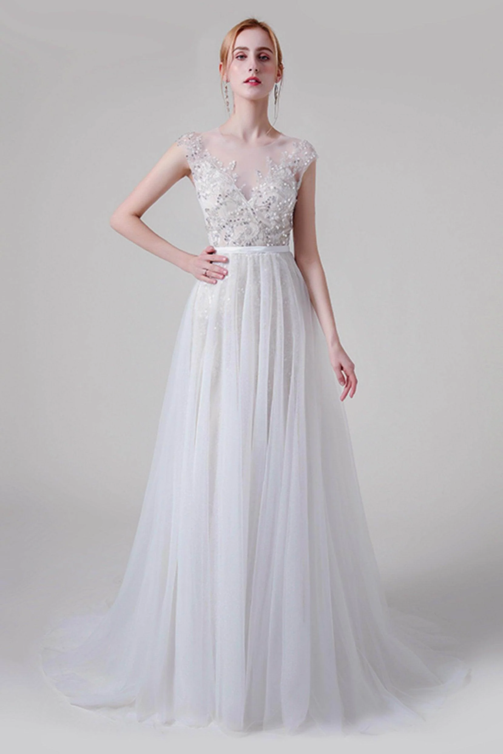 A-Line Sweep-Brush Train Lace Tulle Wedding Dress CW2739