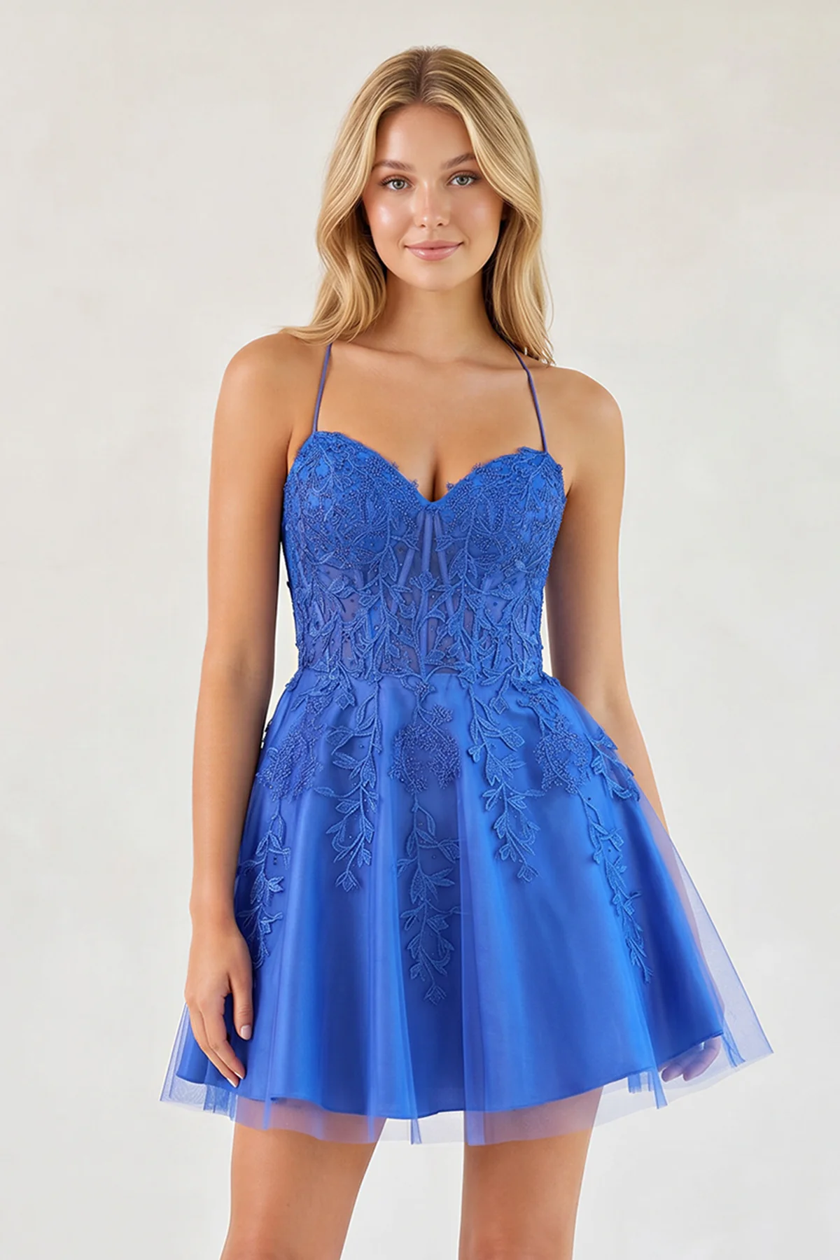A Line Spaghetti Straps Royal Blue Corset Homecoming Dress with Appliques