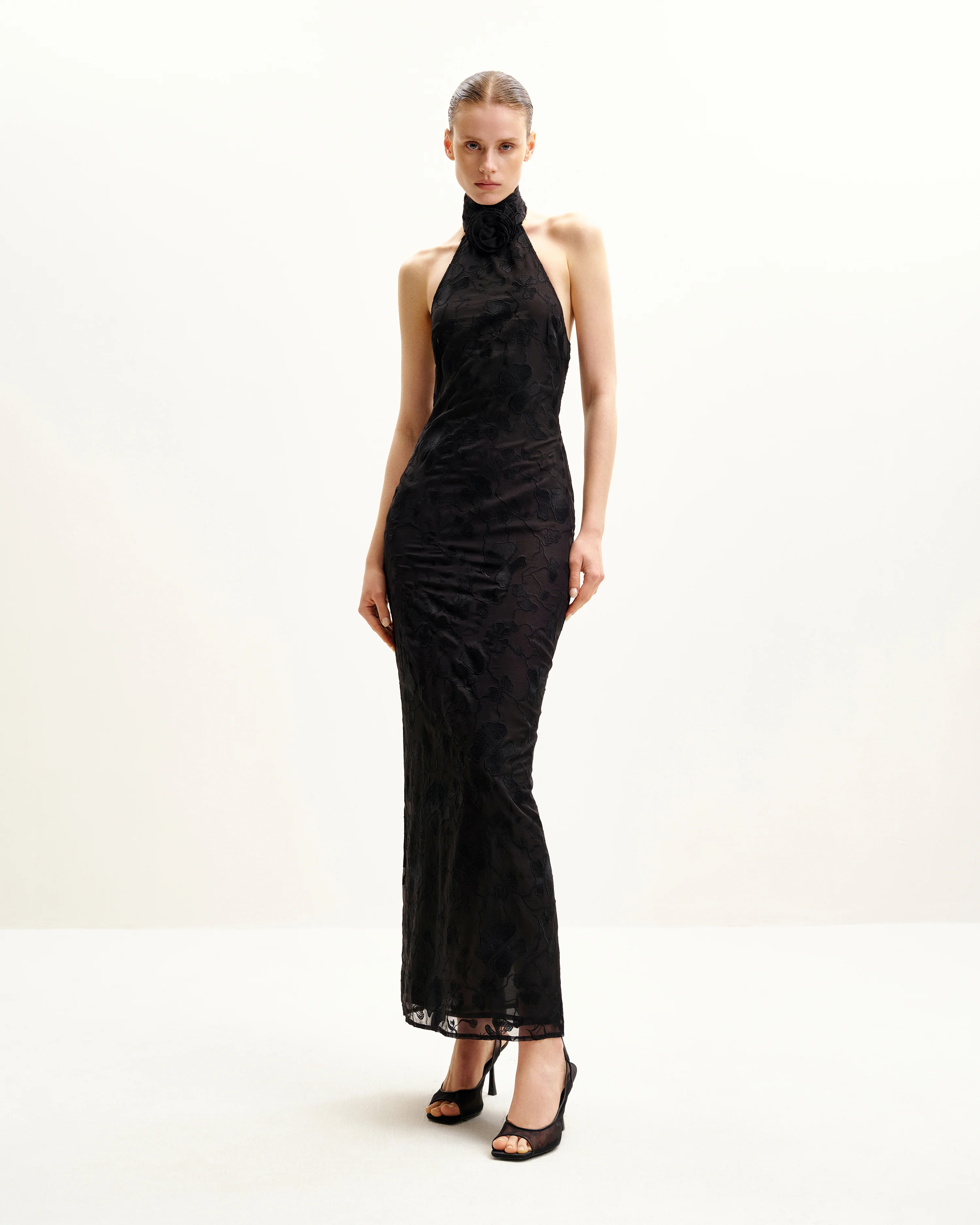 Uliana Black Floral Lace Halterneck Maxi Dress - Black