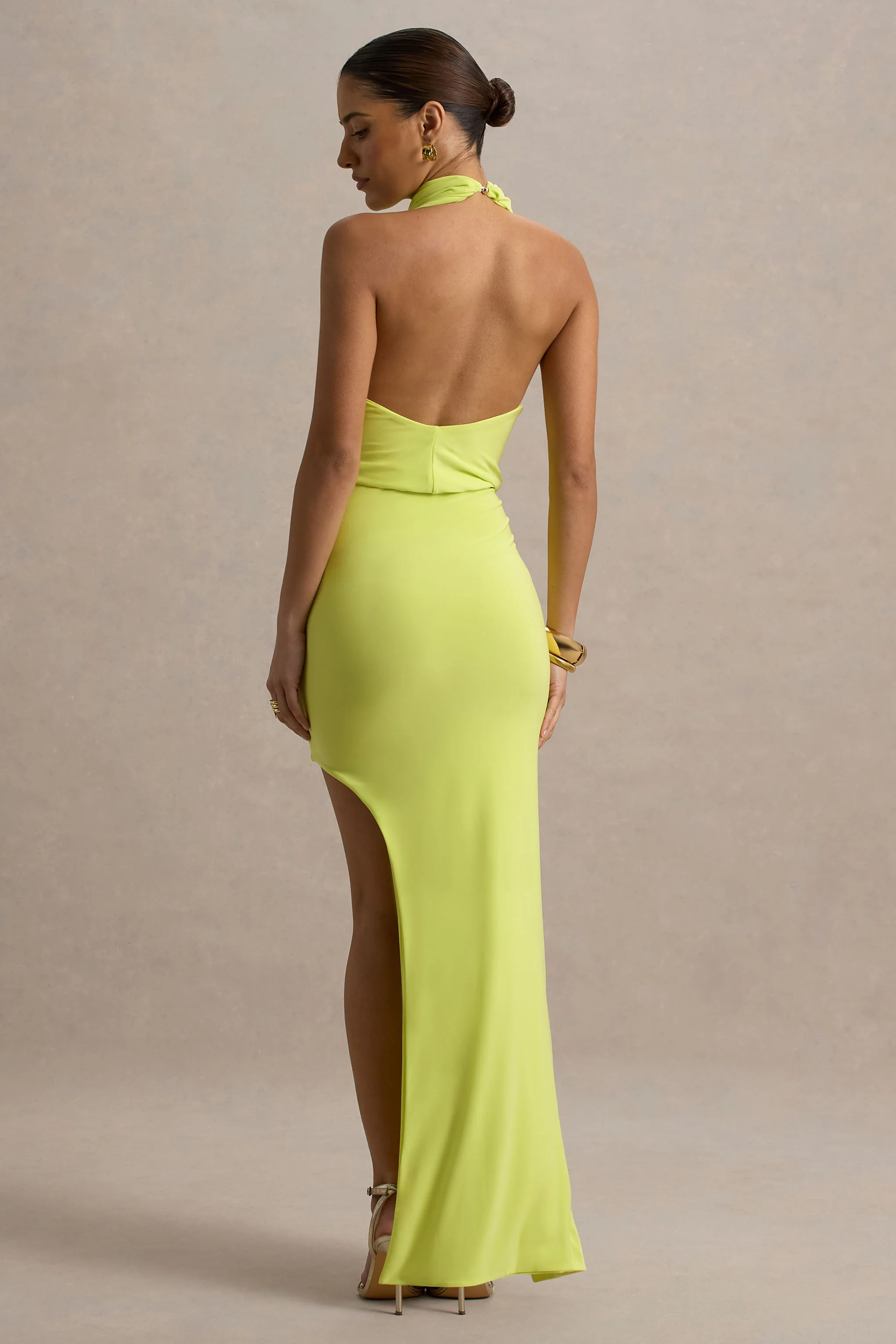 Amphitrite | Lime Green High-Neck Ruched Maxi Dress With Wrap Skirt
