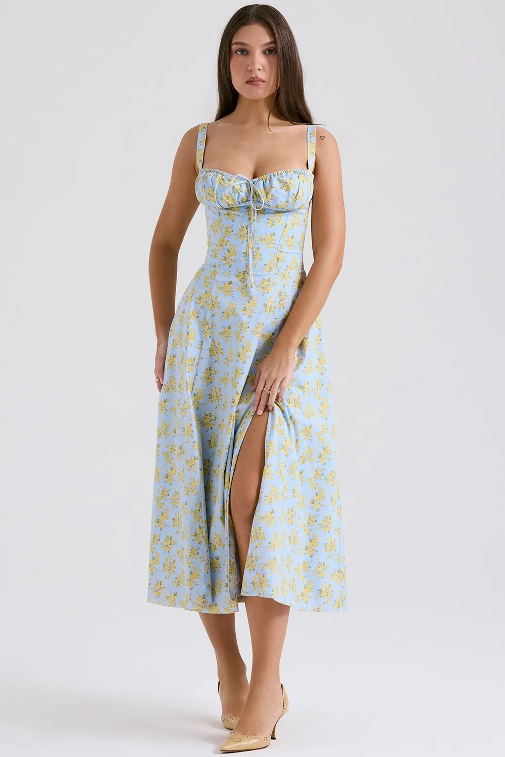 Soft Blue Vintage Floral Print Cotton Bustier Sundress