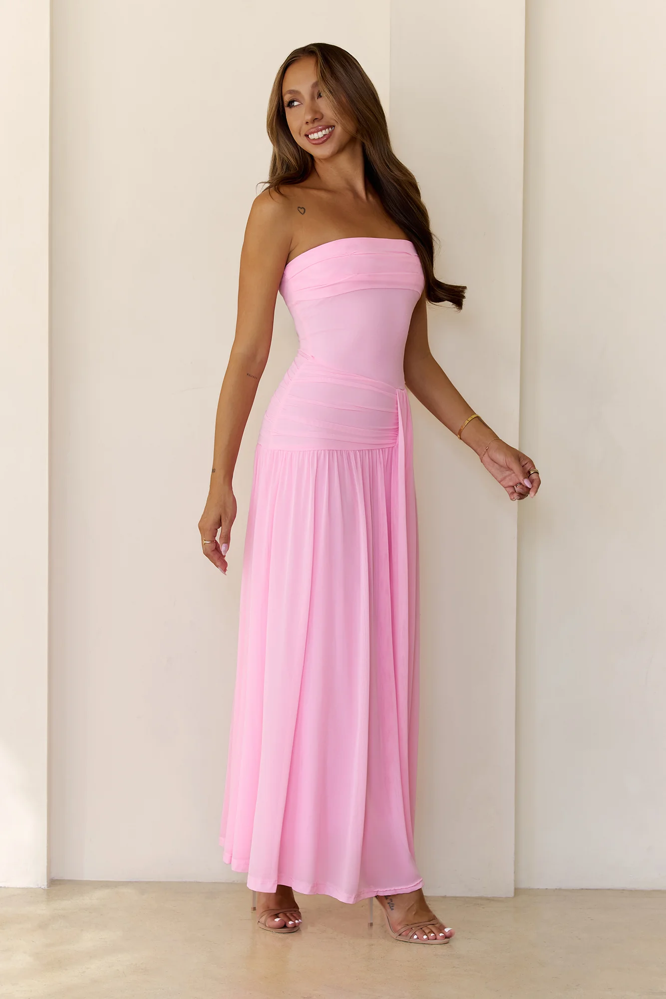 Spark Night Strapless Mesh Maxi Dress Pink