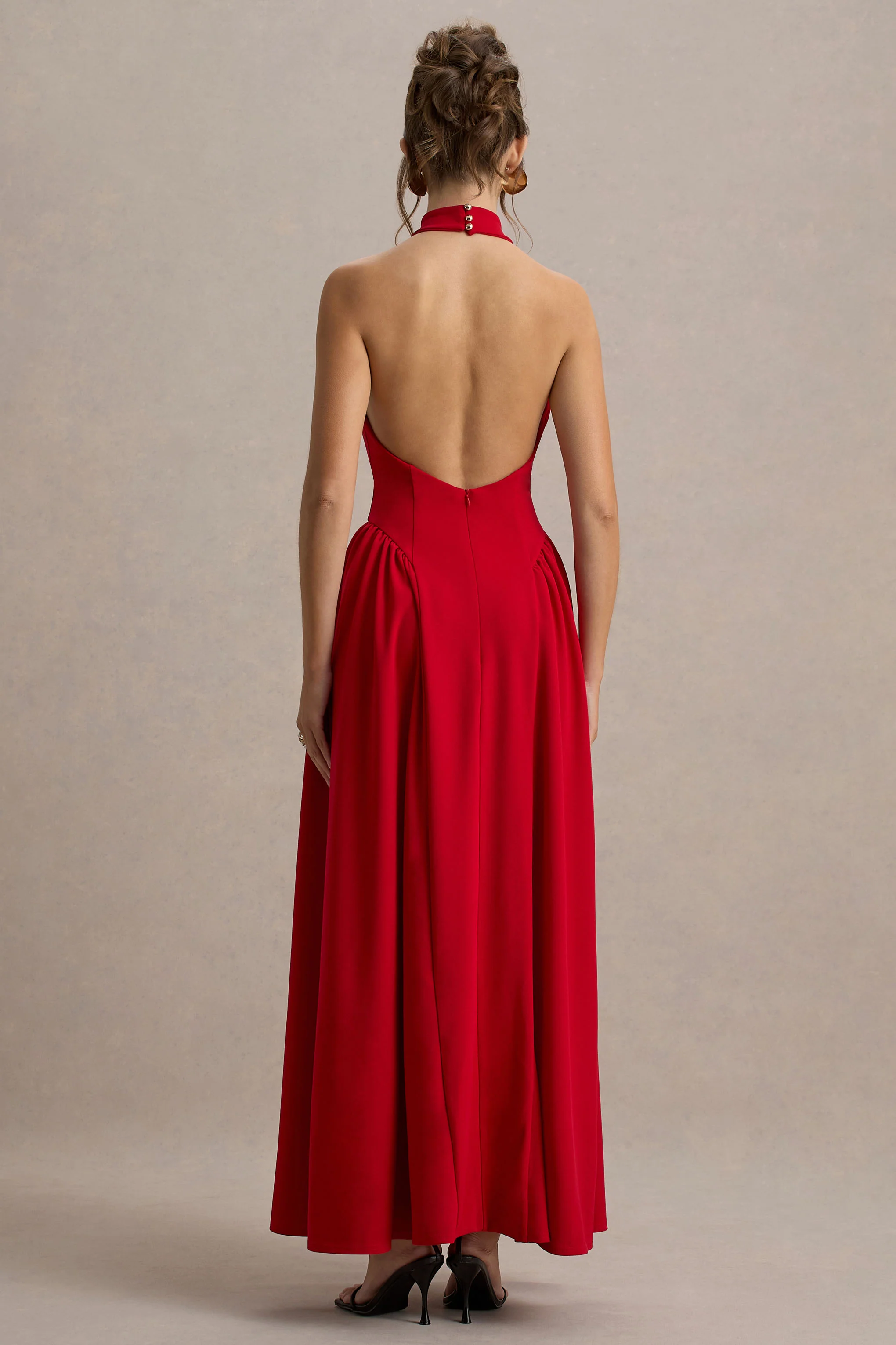 Cynthia | Red High-Neck Maxi Dress With Volume Skirt