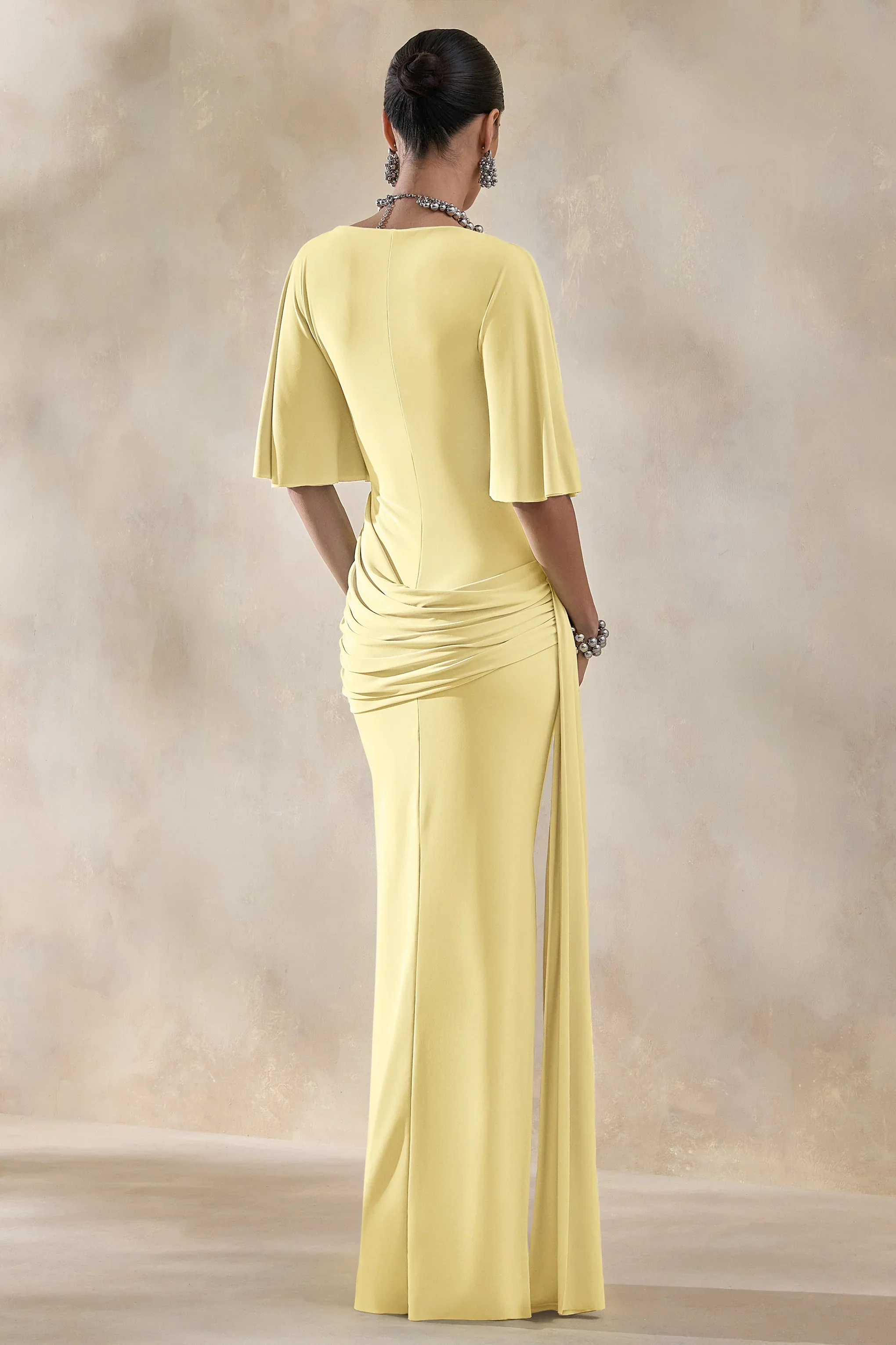 Emerelle | Lemon Wide-Neck Maxi Dress With Sash And Draped-Detailing