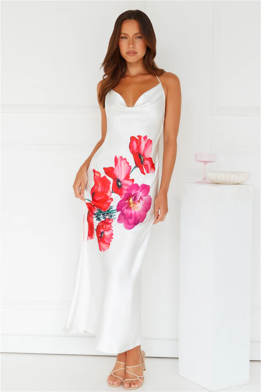 Rebellious Rose Halter Satin Maxi Dress White - luluinthesky