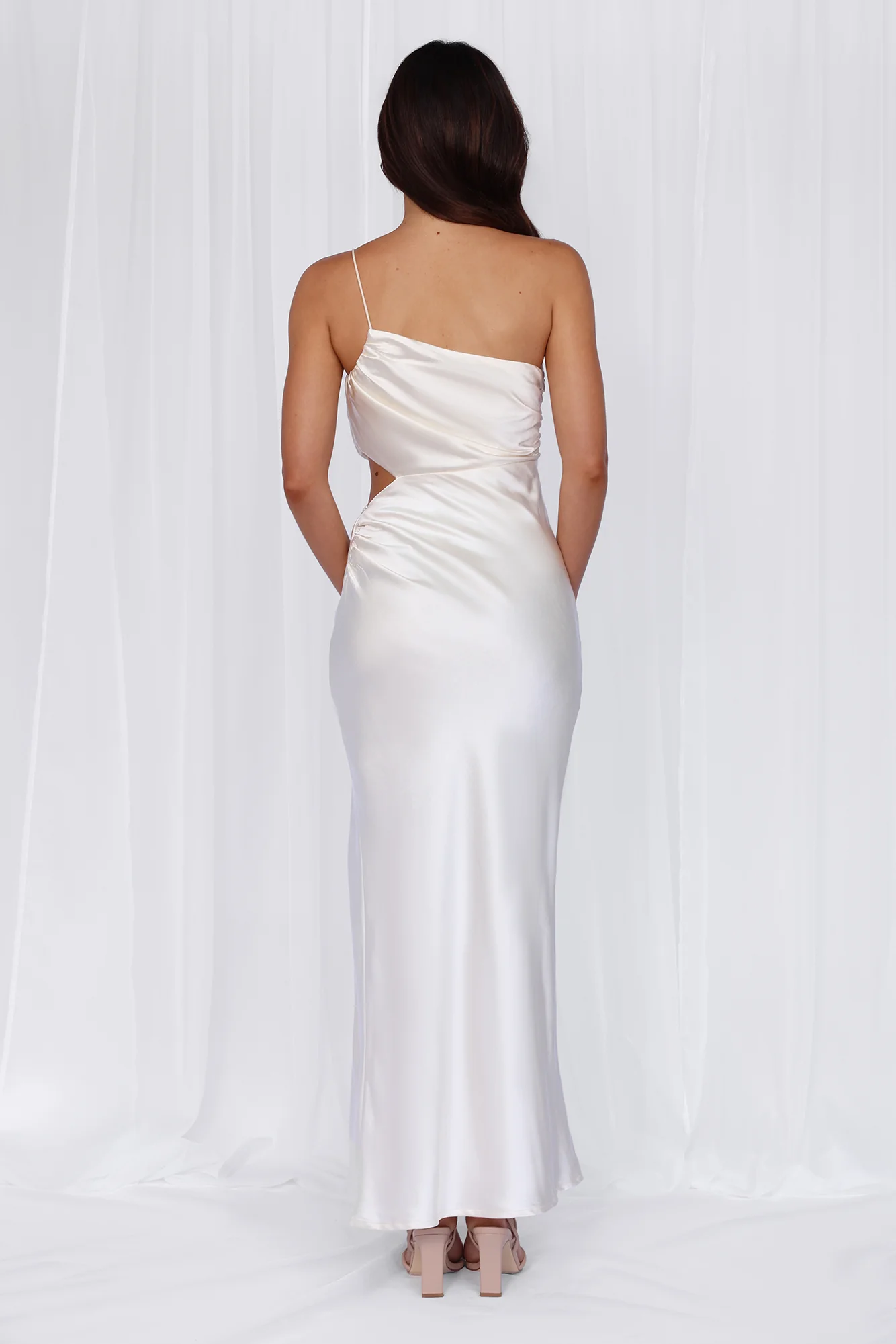 HELLO MOLLY The Opal One Shoulder Satin Maxi Dress Pearl - luluinthesky