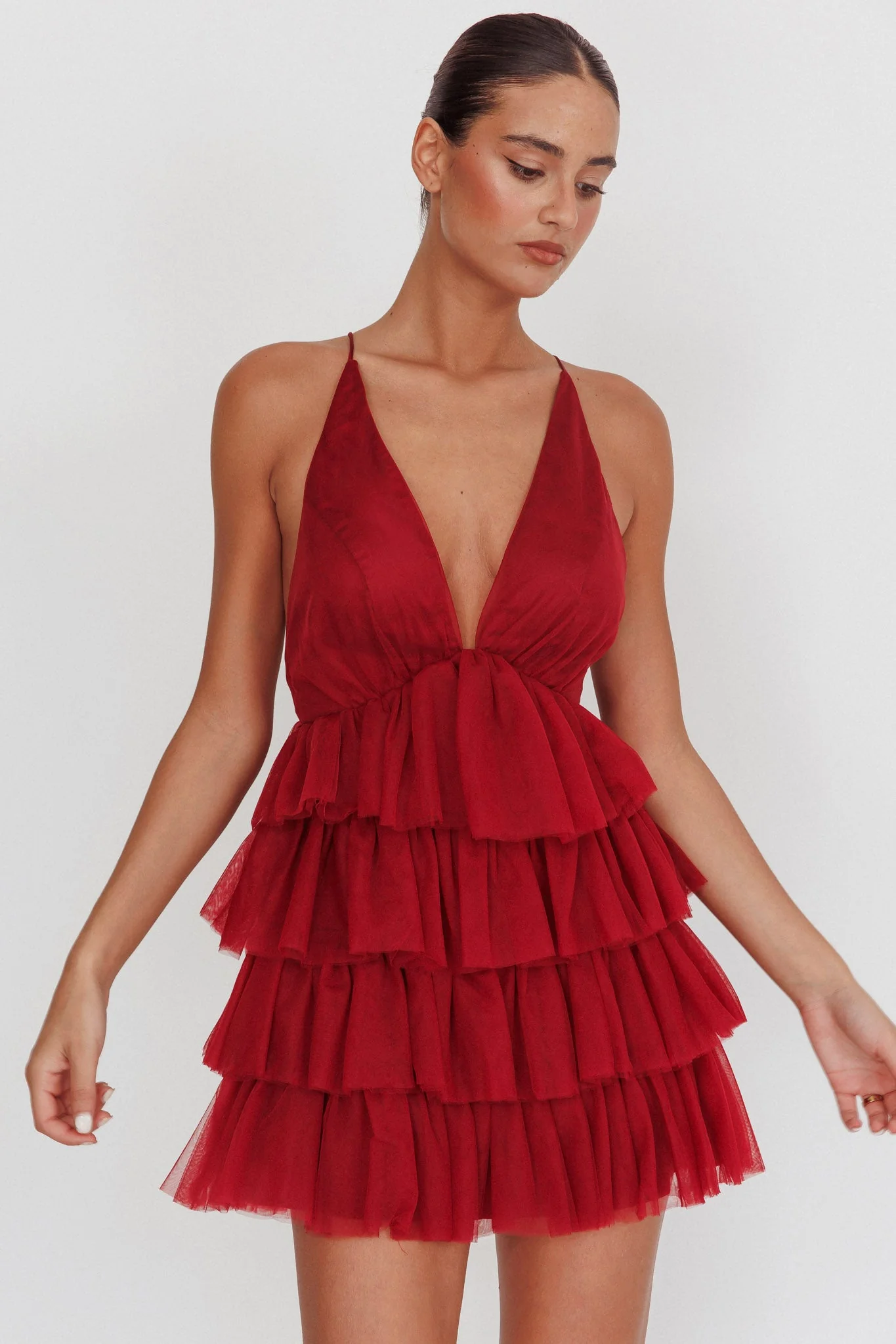 Auguste Tiered Frill Mini Dress Burgundy - luluinthesky