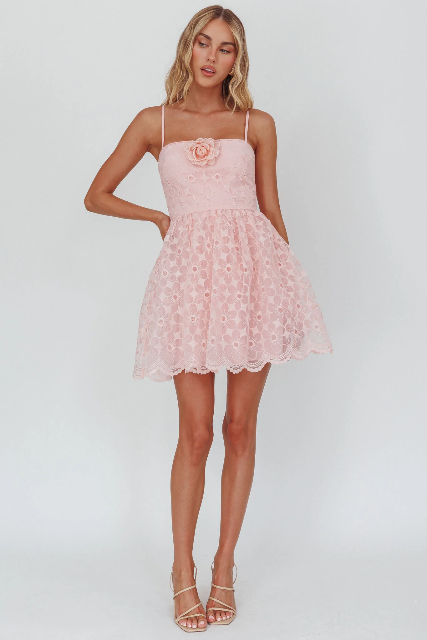 Bahia A-Line Square Neckline Mini Dress Lace Blush - luluinthesky