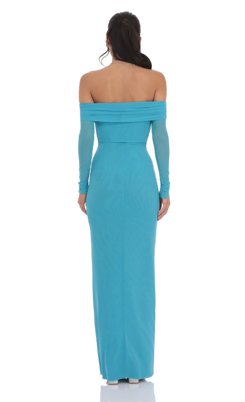 Mesh Off Shoulder Maxi Dress in Aqua Blue