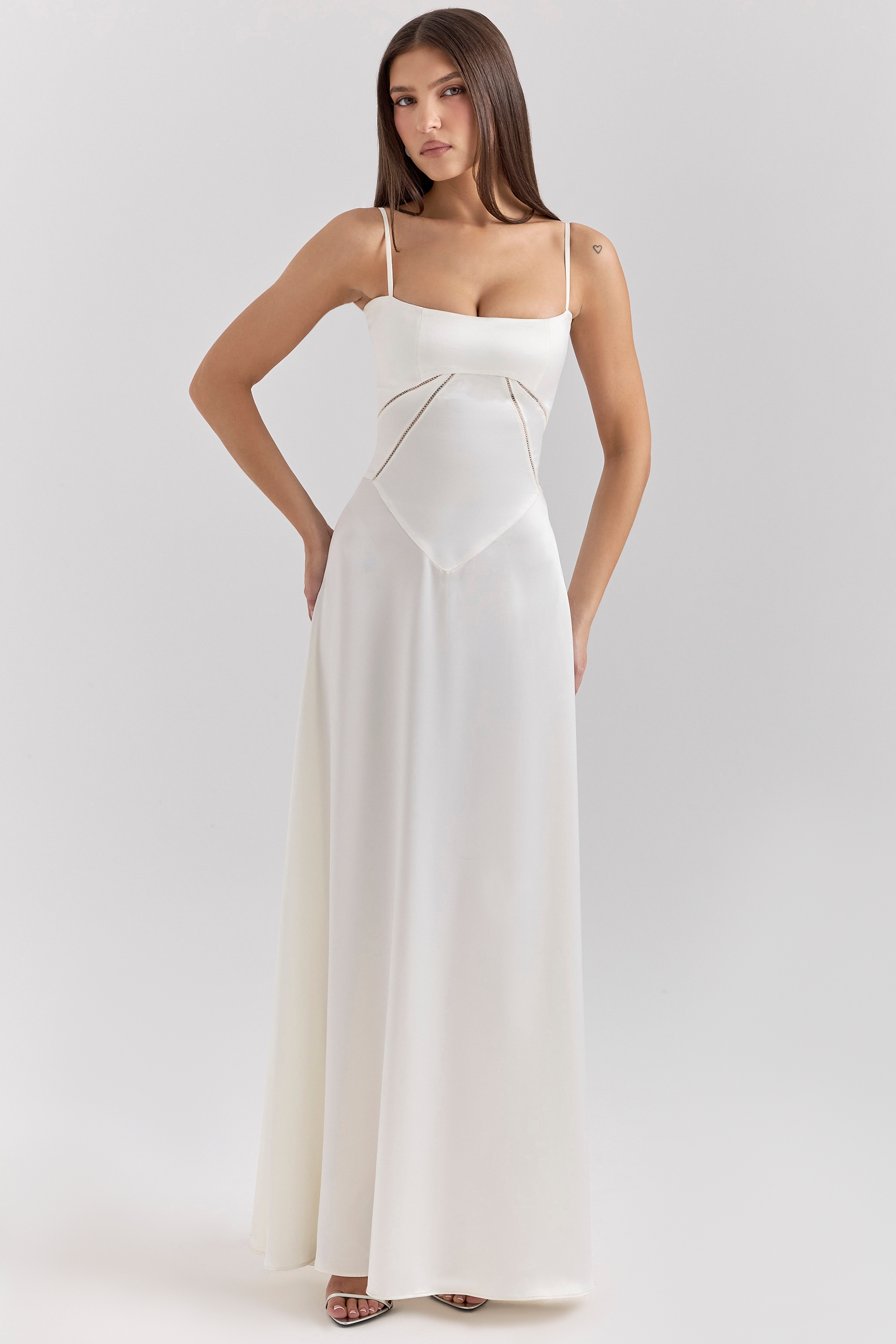 ivory satin lace up maxi dress
