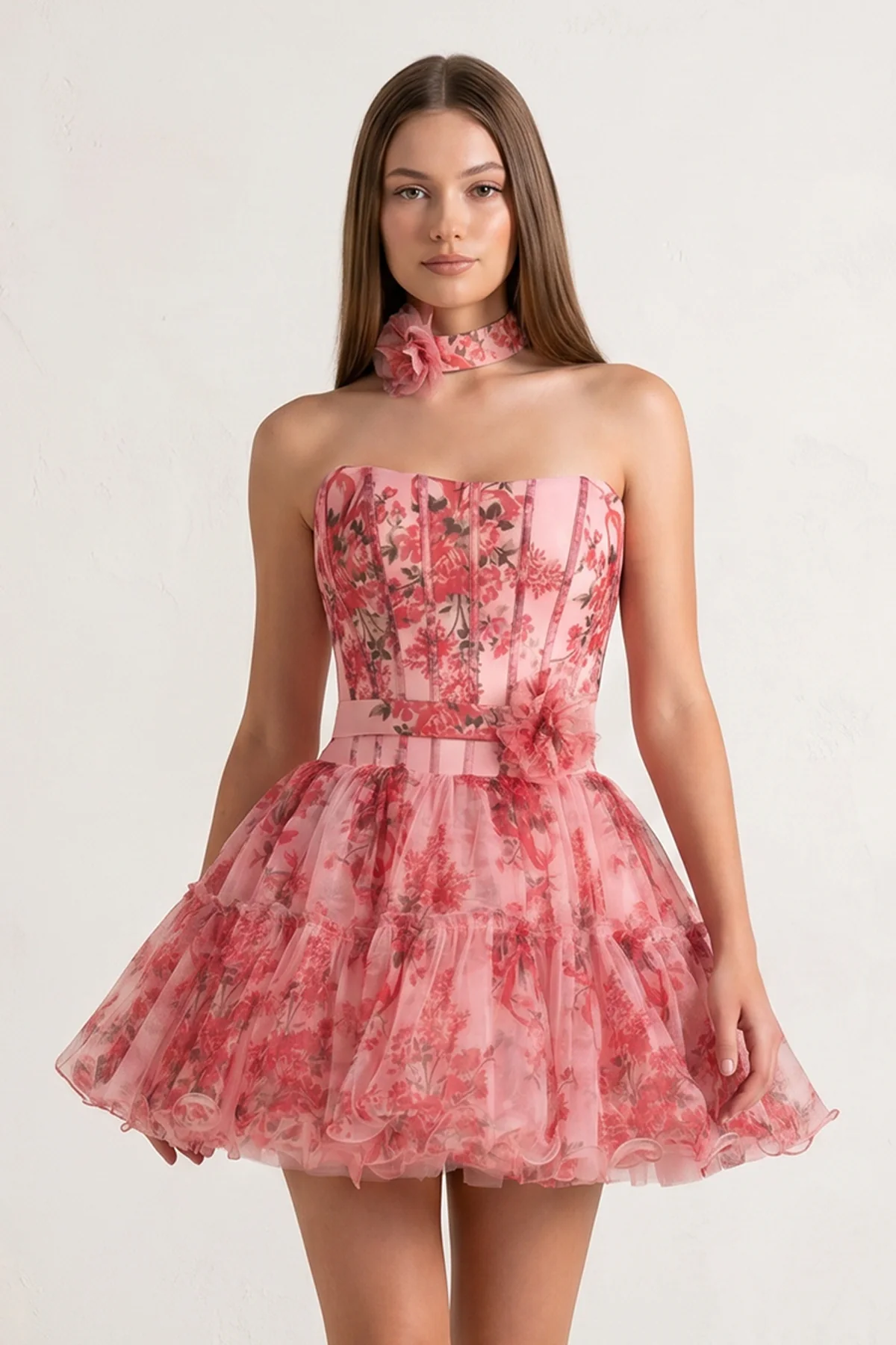 Pink Strapless A-Line Floral Short Homecoming Dresses With Ruffles