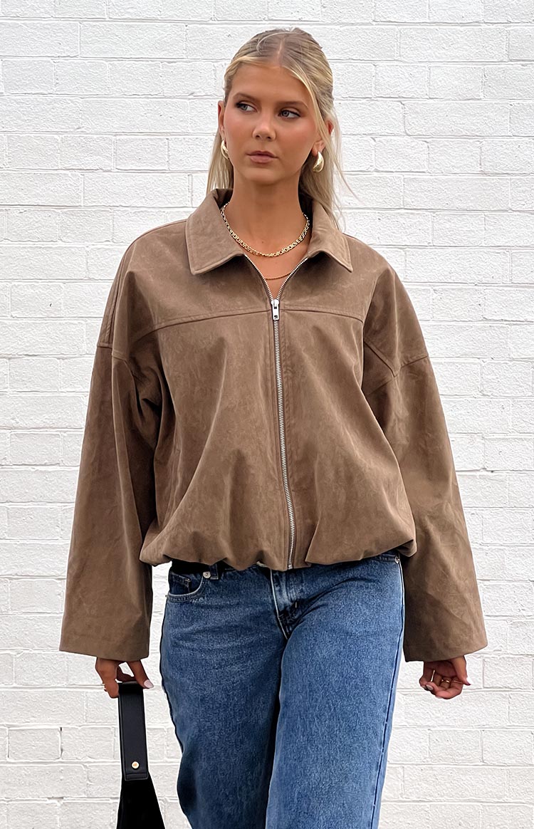 River Brown Suede Bubble Hem Bomber Jacket
