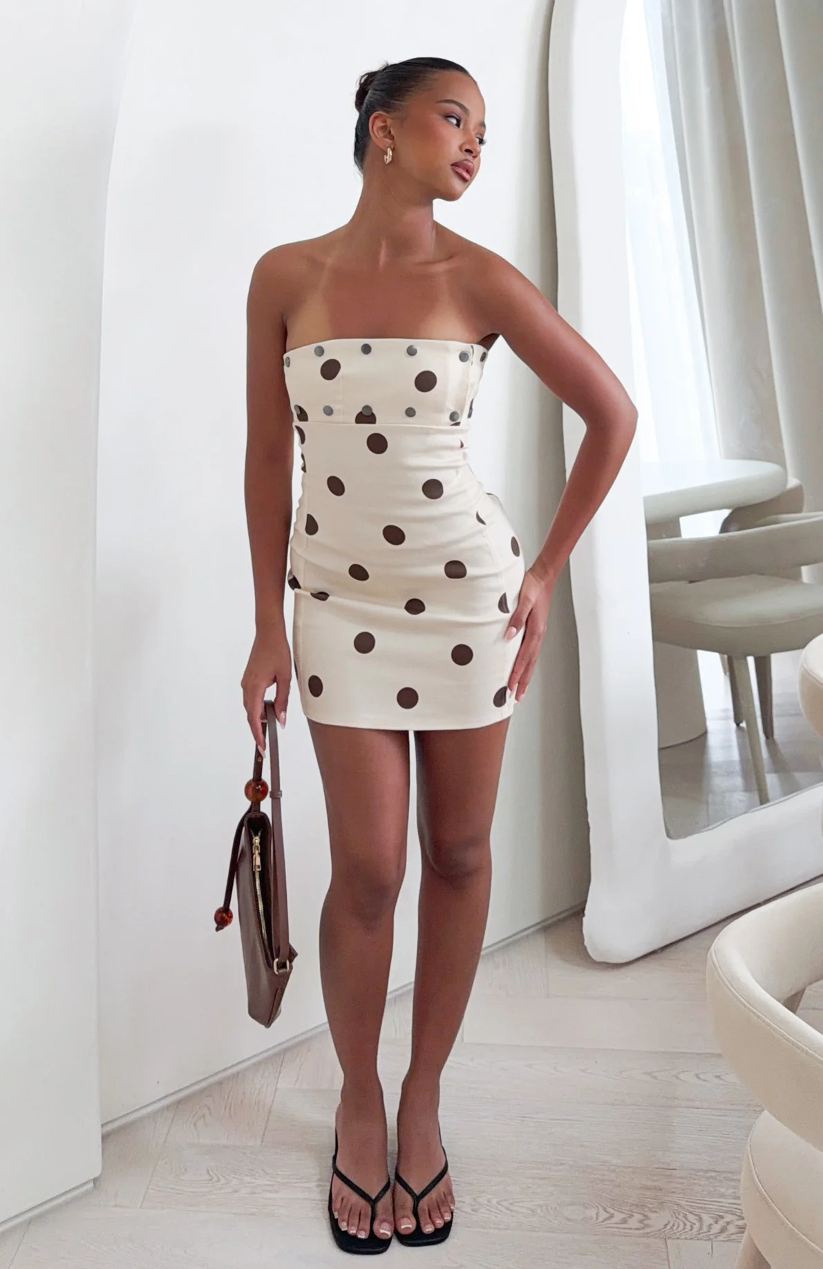 Luxe Envy Strapless Mini Dress Cream/Chocolate Polka Dot