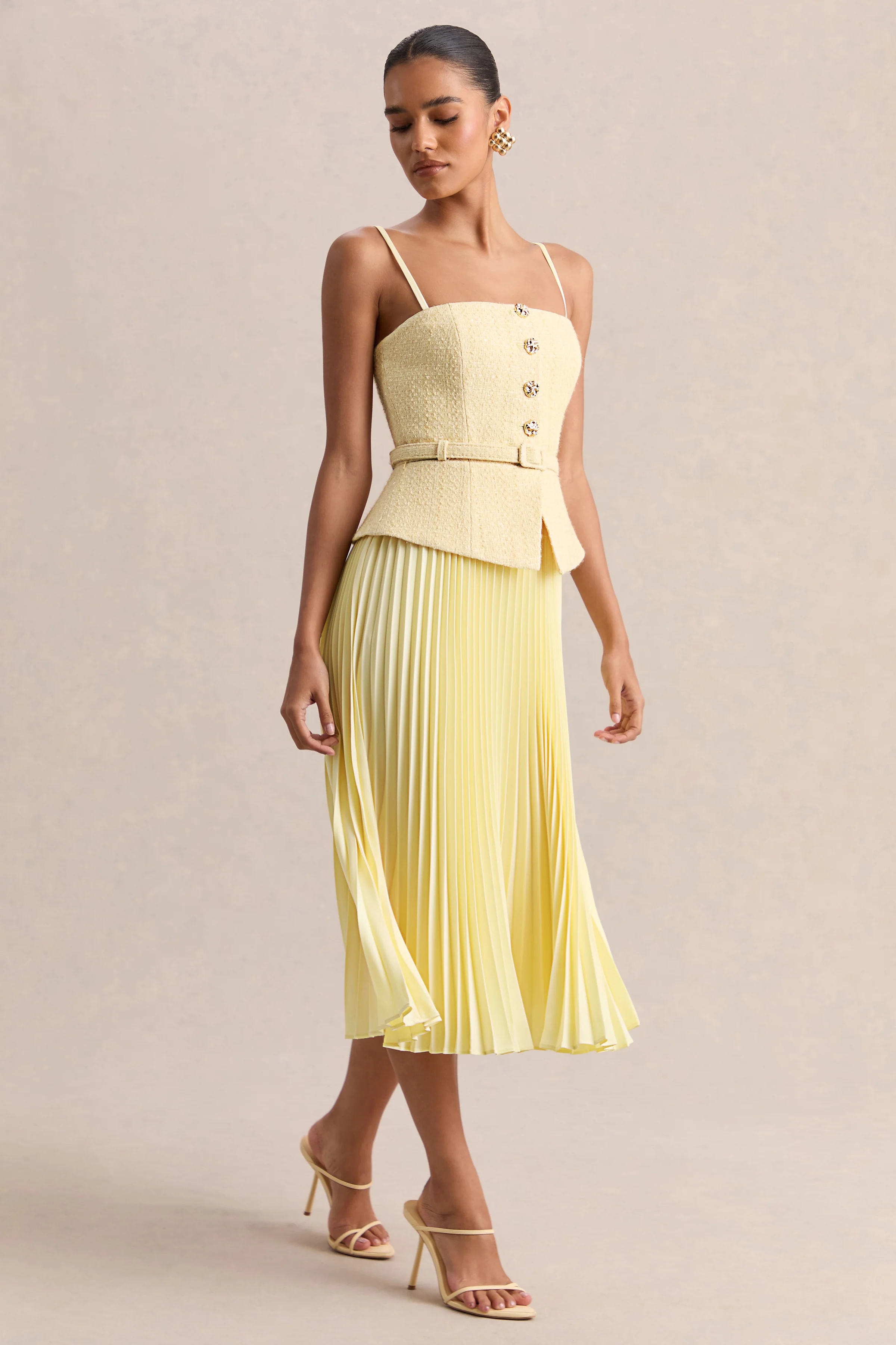 Lizzy | Lemon Square-Neck Midi Dress With Pleated-Skirt