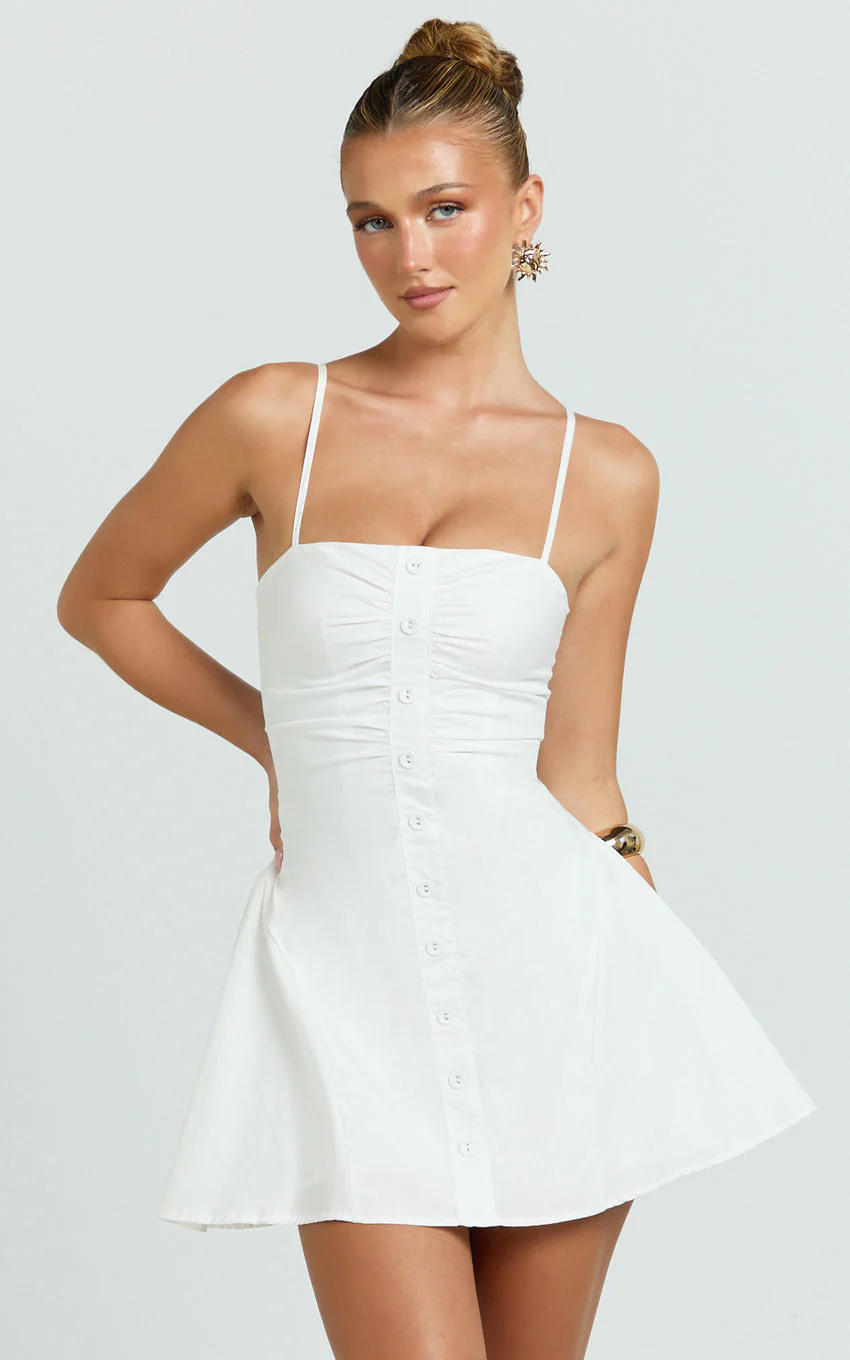 Monet Mini Dress - Button Down Ruched Front Fit And Flare Dress in Off White