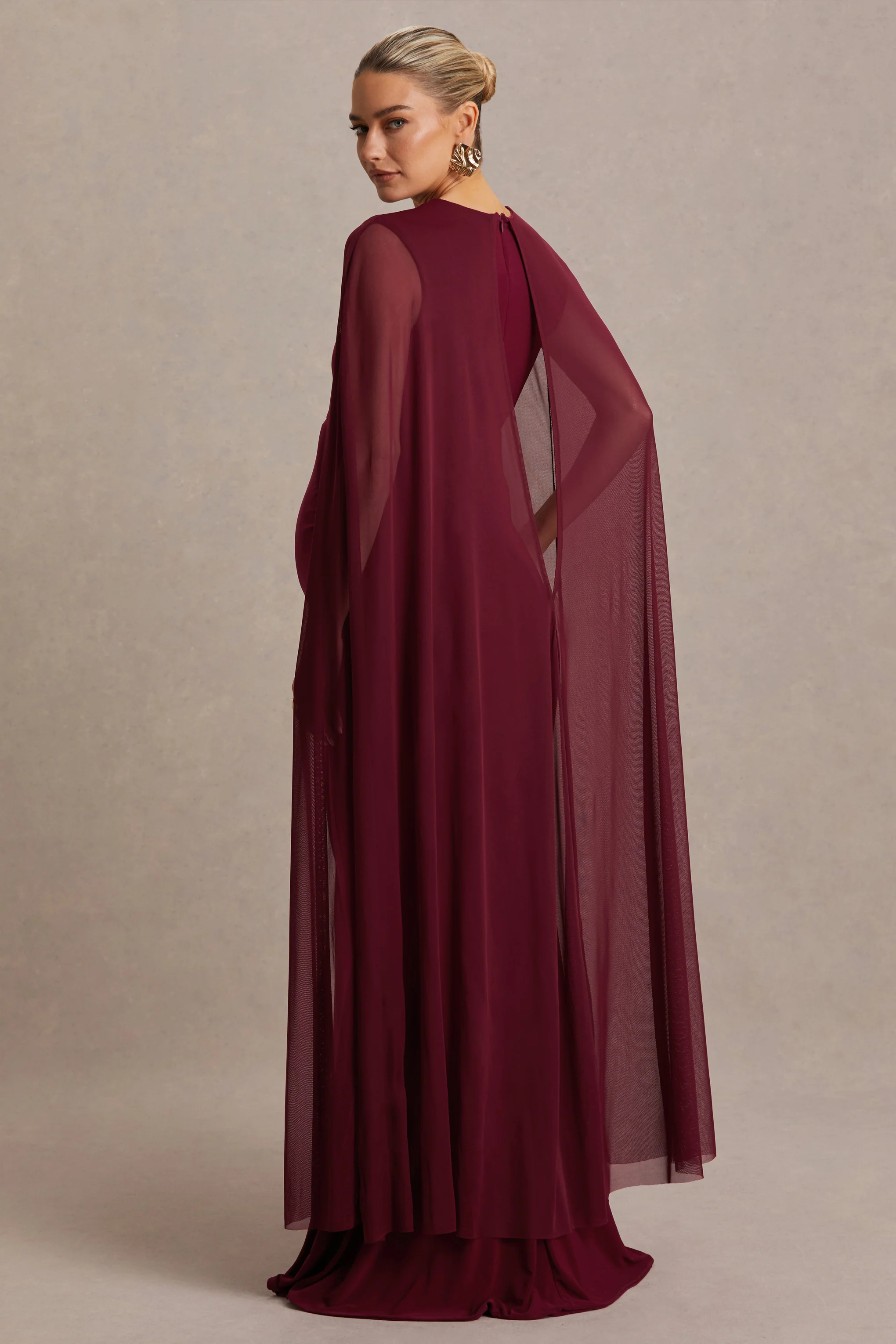 Currant | Berry High-Neck Maternity Maxi Dress With Cape