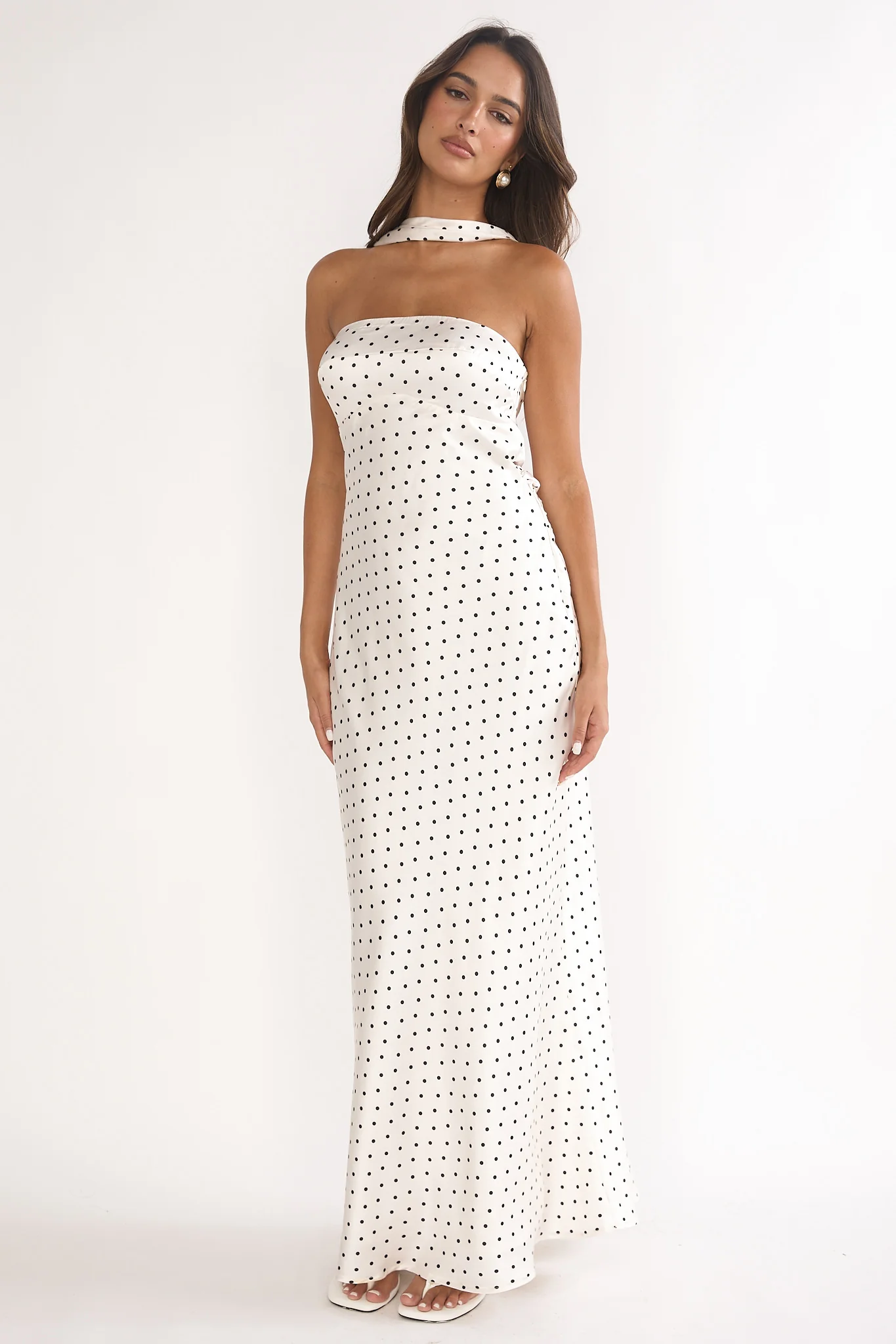Damsel Reverse Halter Maxi Dress Polka Dot White - luluinthesky
