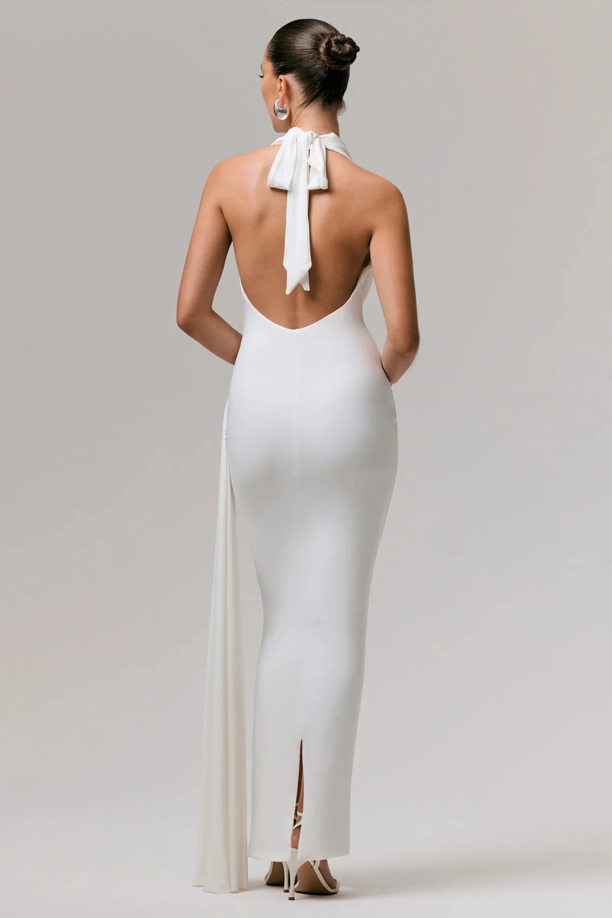 Maude | White Plunge-Neck Ruched Maxi Dress With Sash