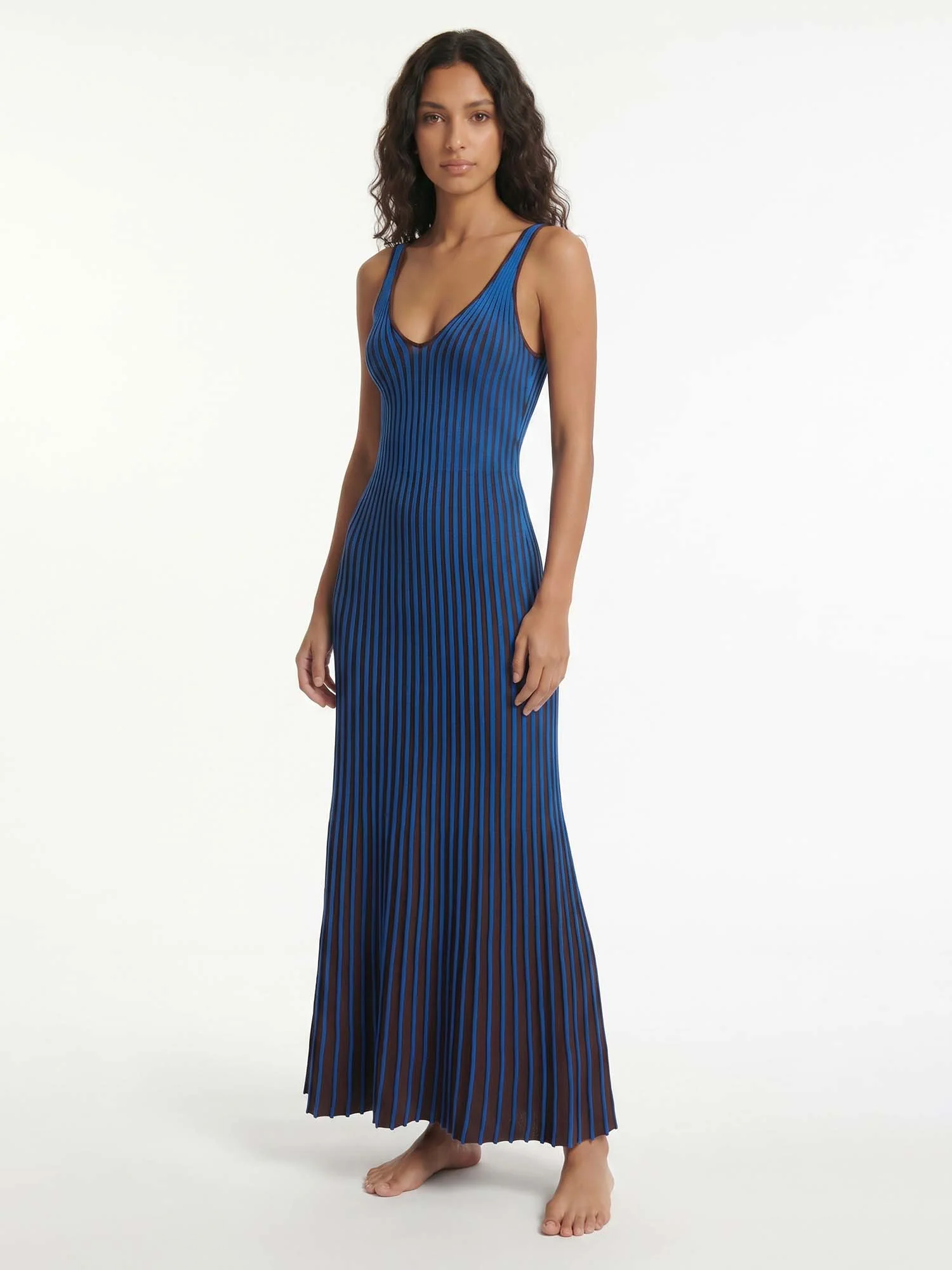Indigo Stripe Pleated Midi Dress