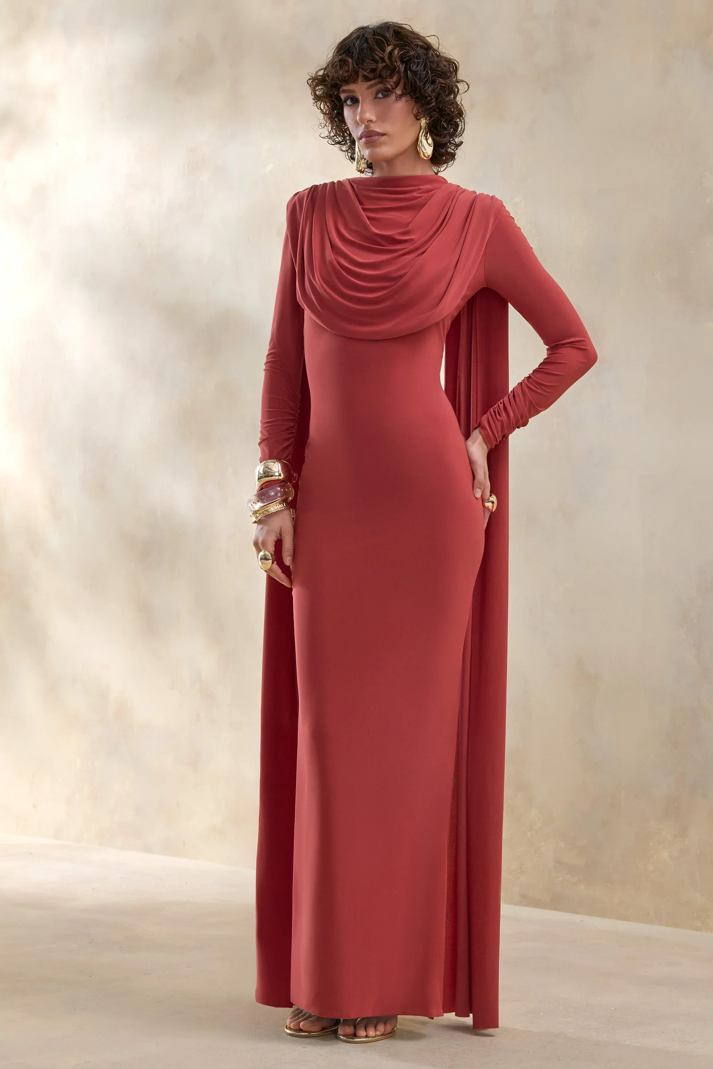 Lysoria | Rust High-Neck Maxi Dress With Draped-Detailing And Cape-Sleeves