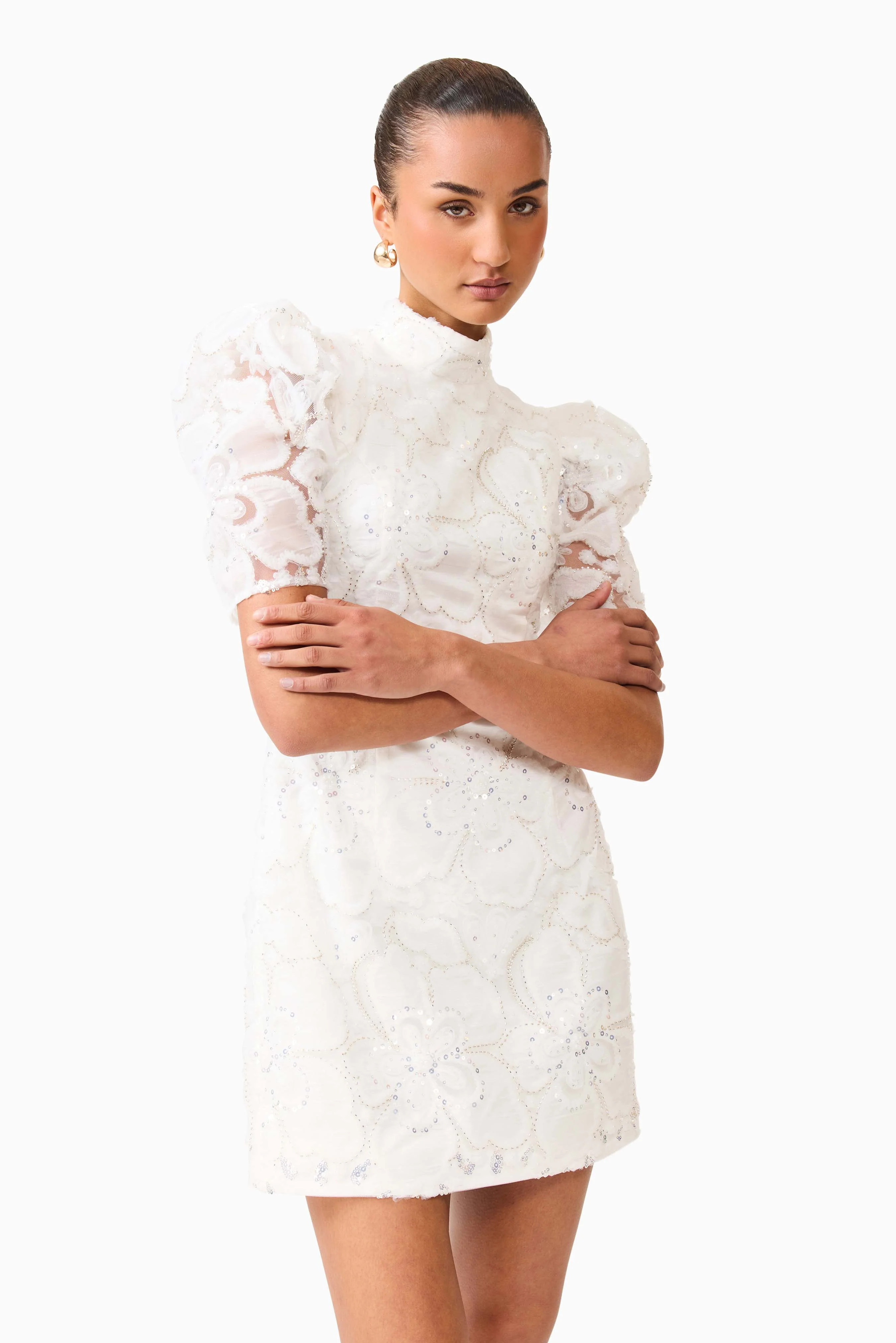 Elowen Floral Applique Mini Dress in White