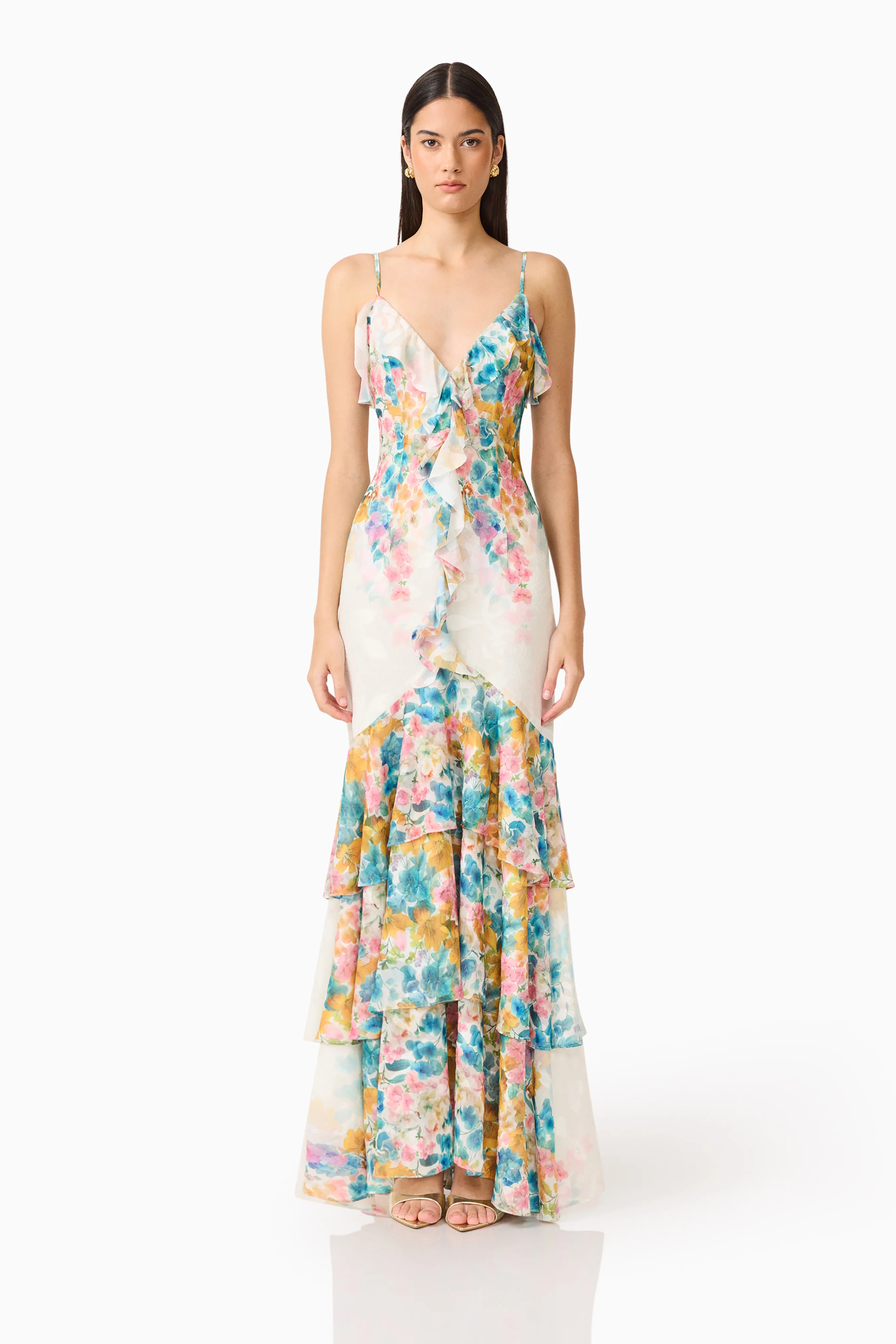 Clementina Ruffle Maxi Dress in Multi Floral