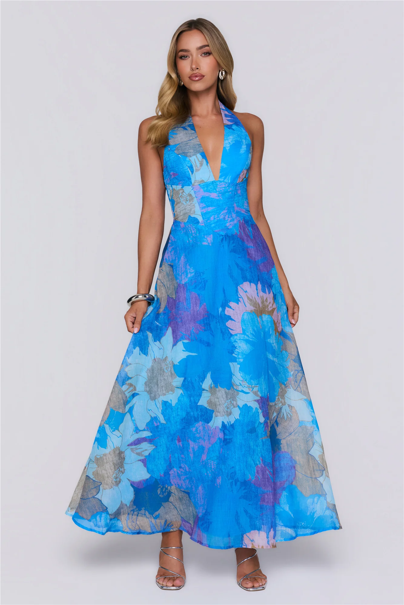 Floral Statement Halter Maxi Dress Blue