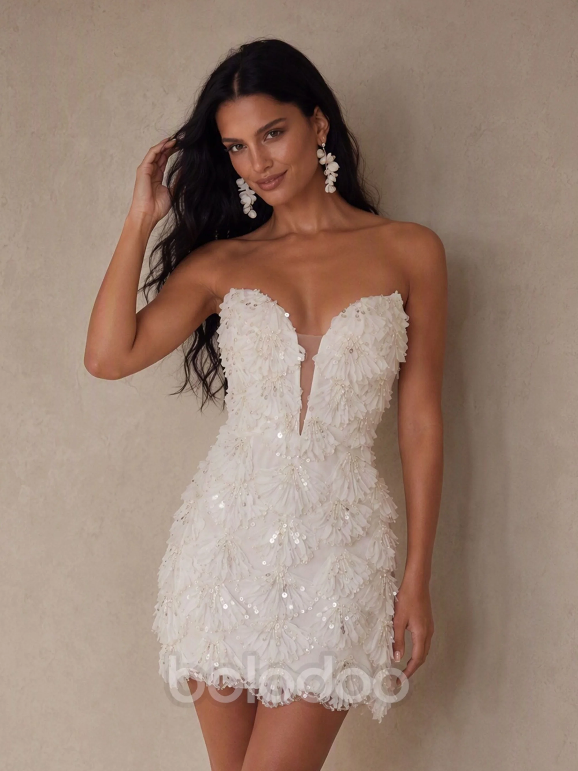 BOLODOO White Sequin 3D Feather Fringe Strapless Deep V Bodycon Mini Dress