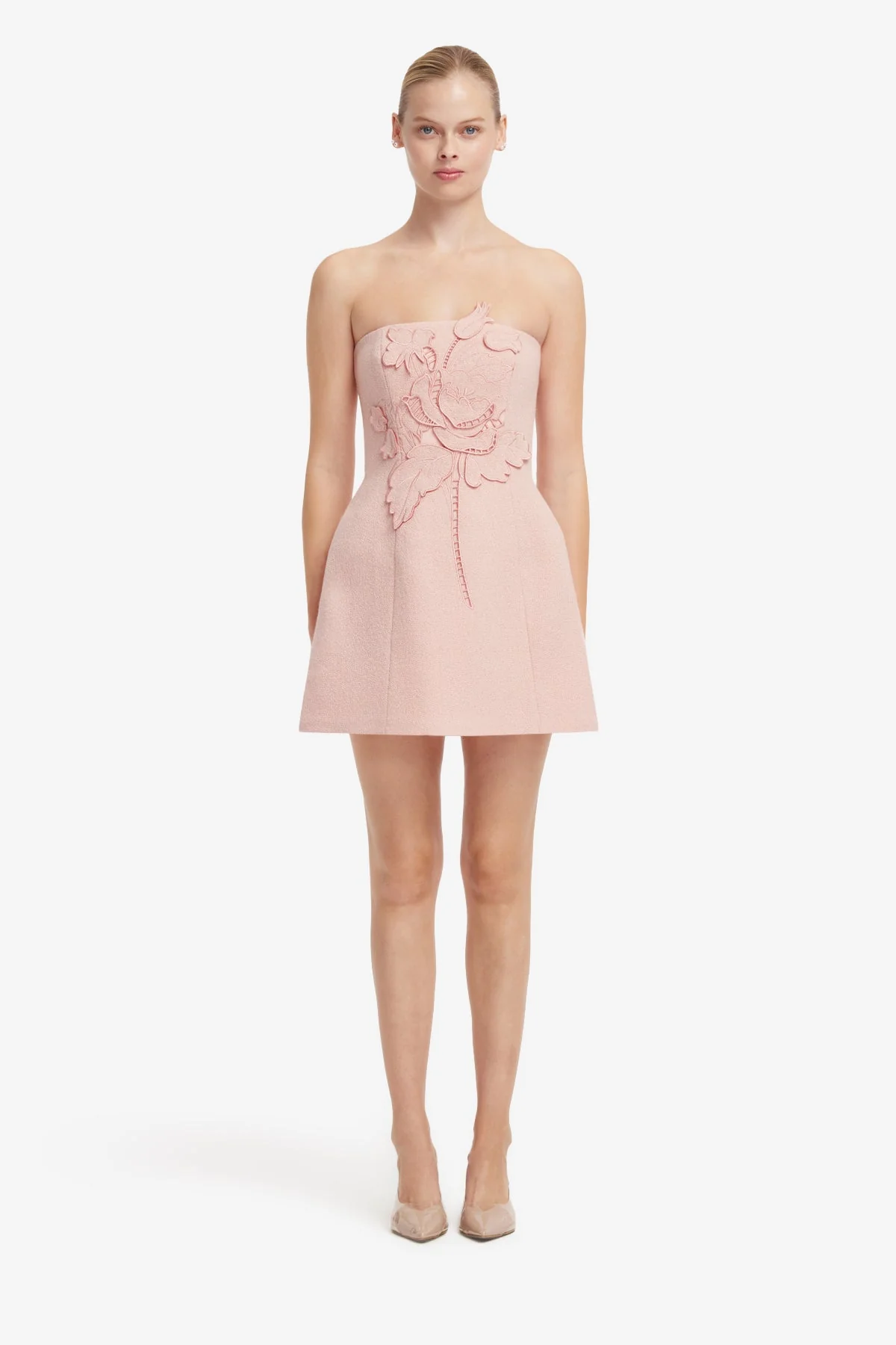 Roselle Appliqué Tweed Bustier Mini Dress - Dusty Pink