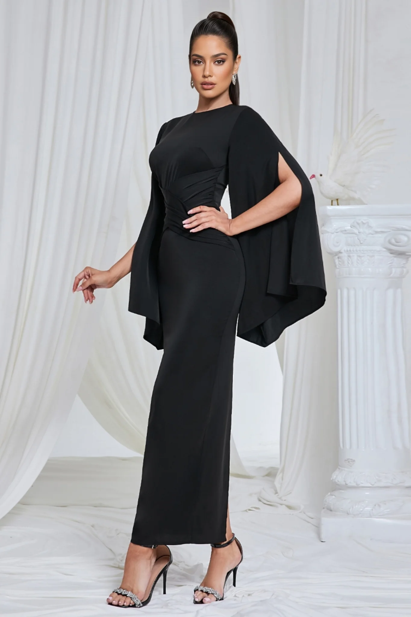 Nali Solid Black Round Neck Maxi Dress