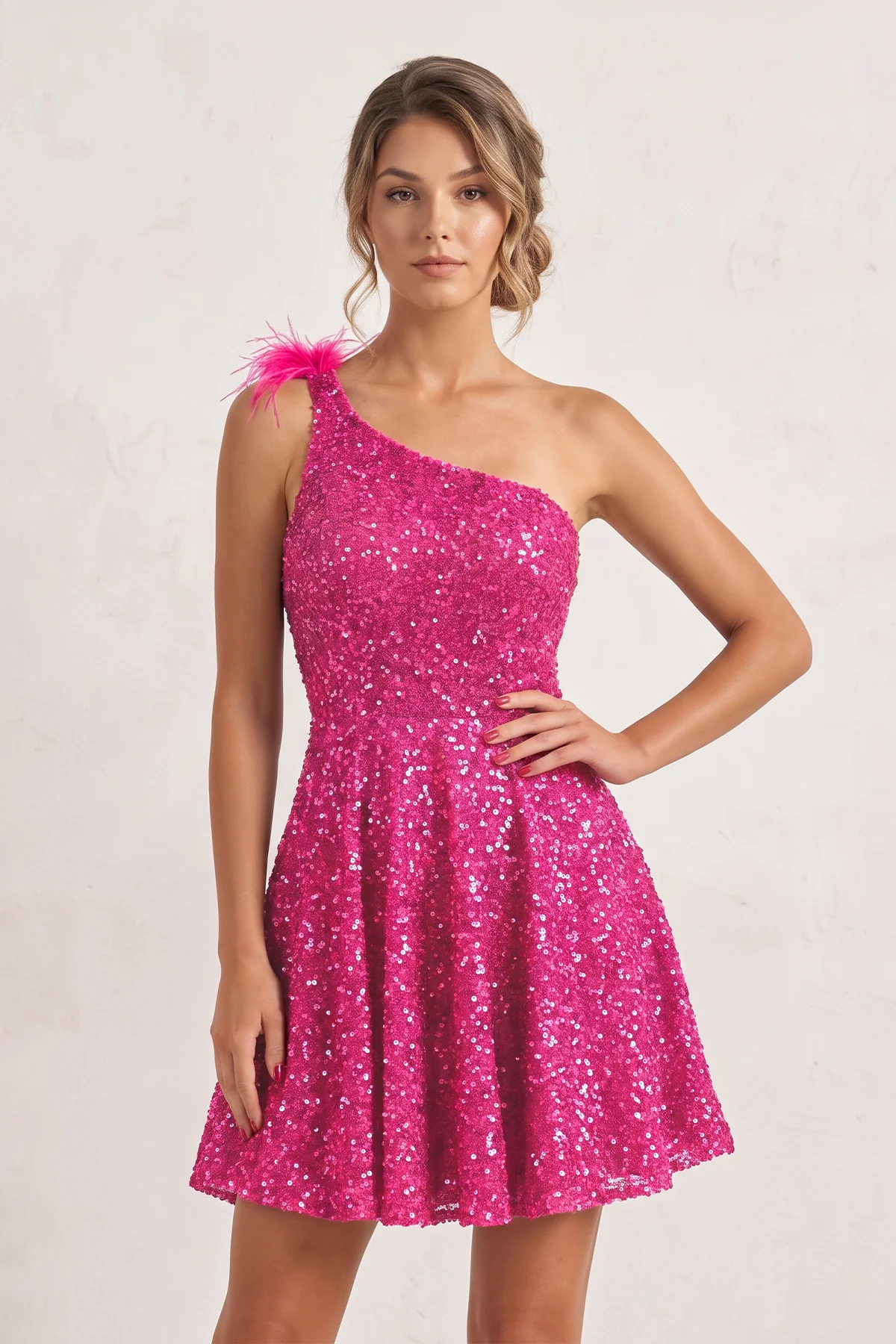 Royal Blue One Shoulder A Line Sequins Homecoming Dresses With Feathers