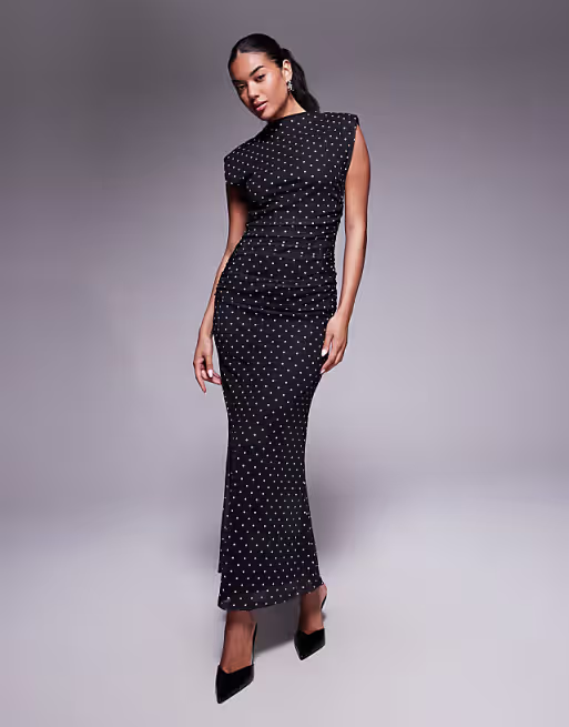 high neck detail maxi dress with shoulder pads in polka dot