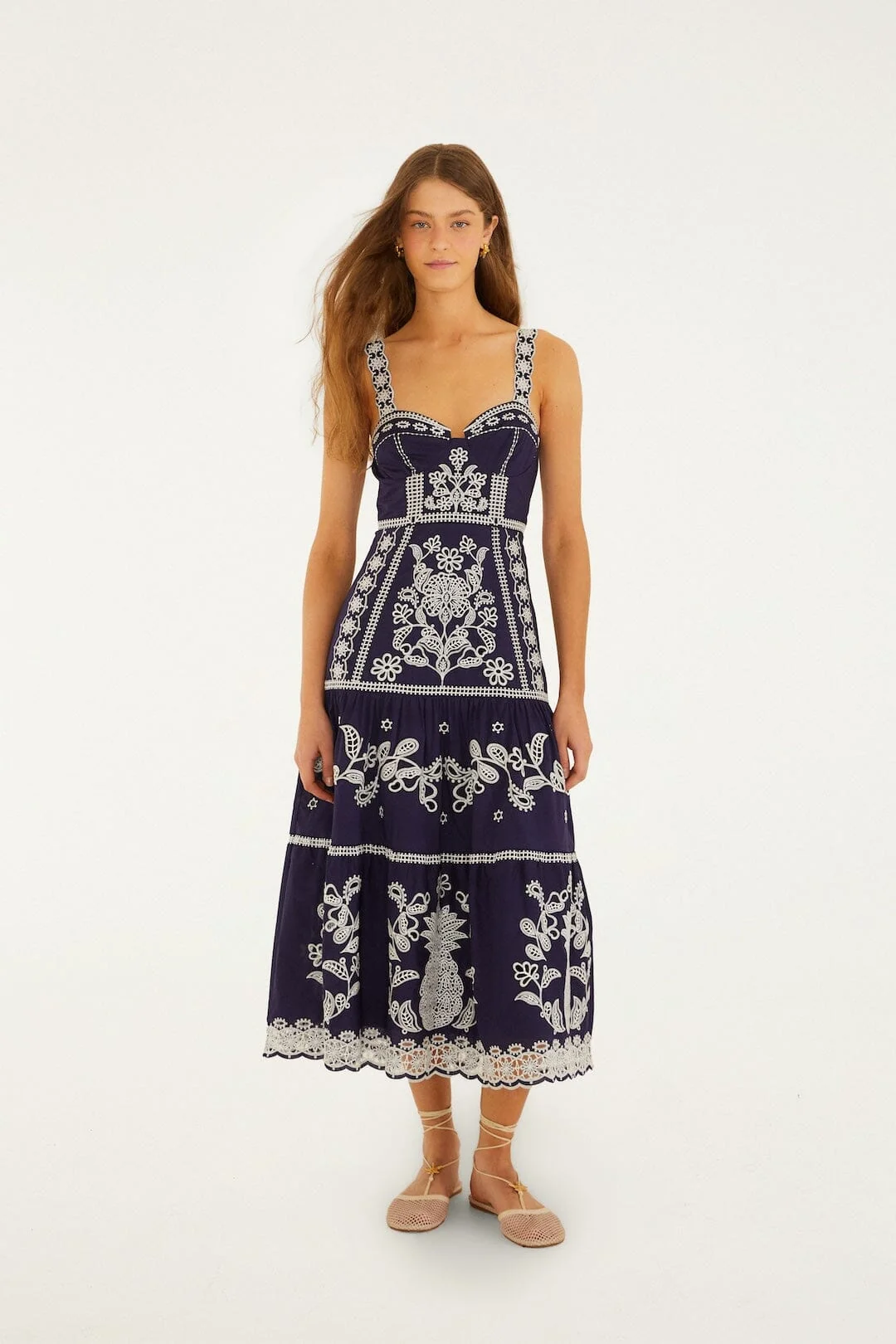 Blue Richelieu Embroidered  Midi Dress