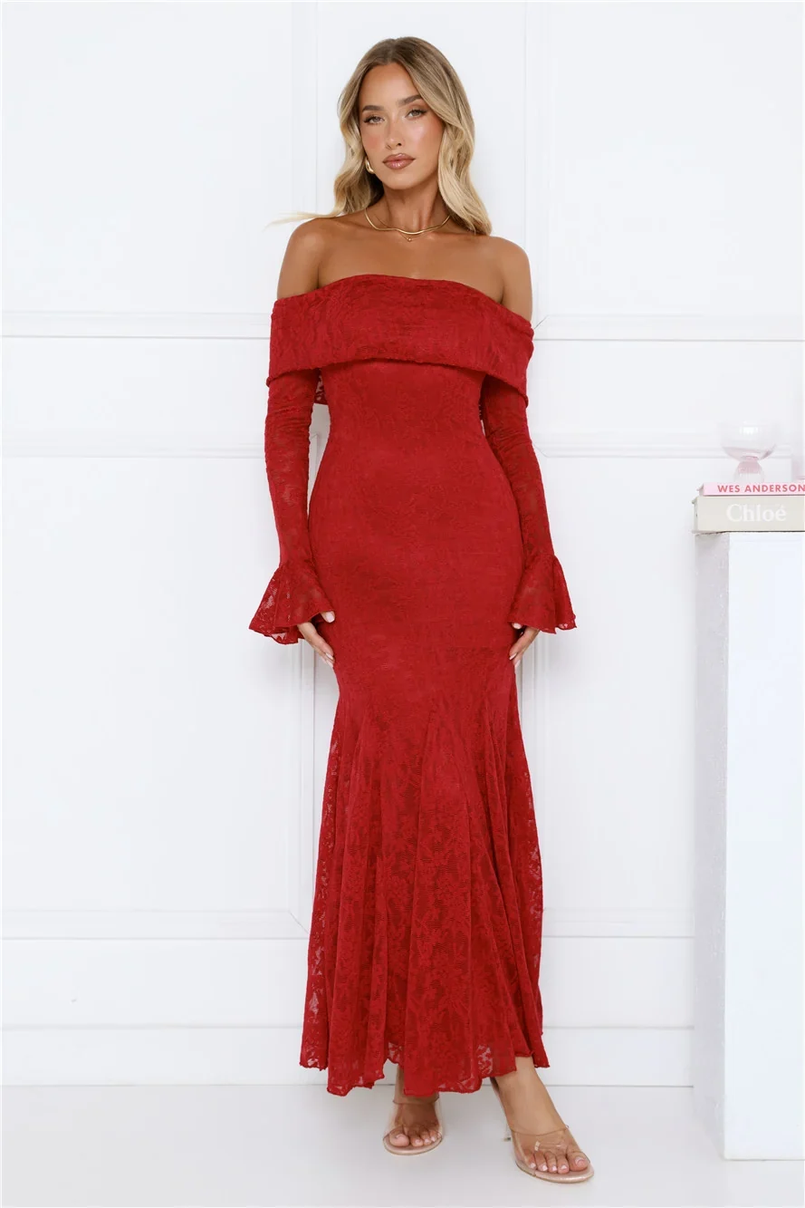 Supreme Off Shoulder Mesh Maxi Dress Red