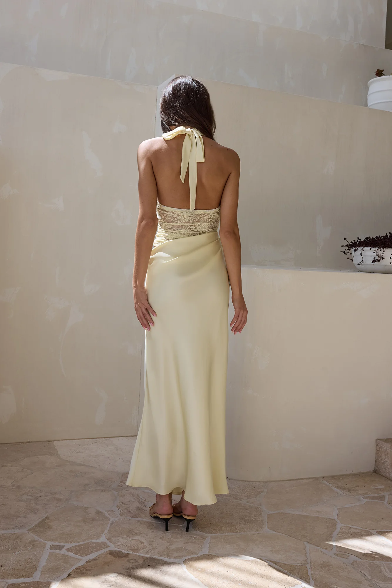 Call Me Yours Lace Halter Satin Maxi Dress Lemon - luluinthesky