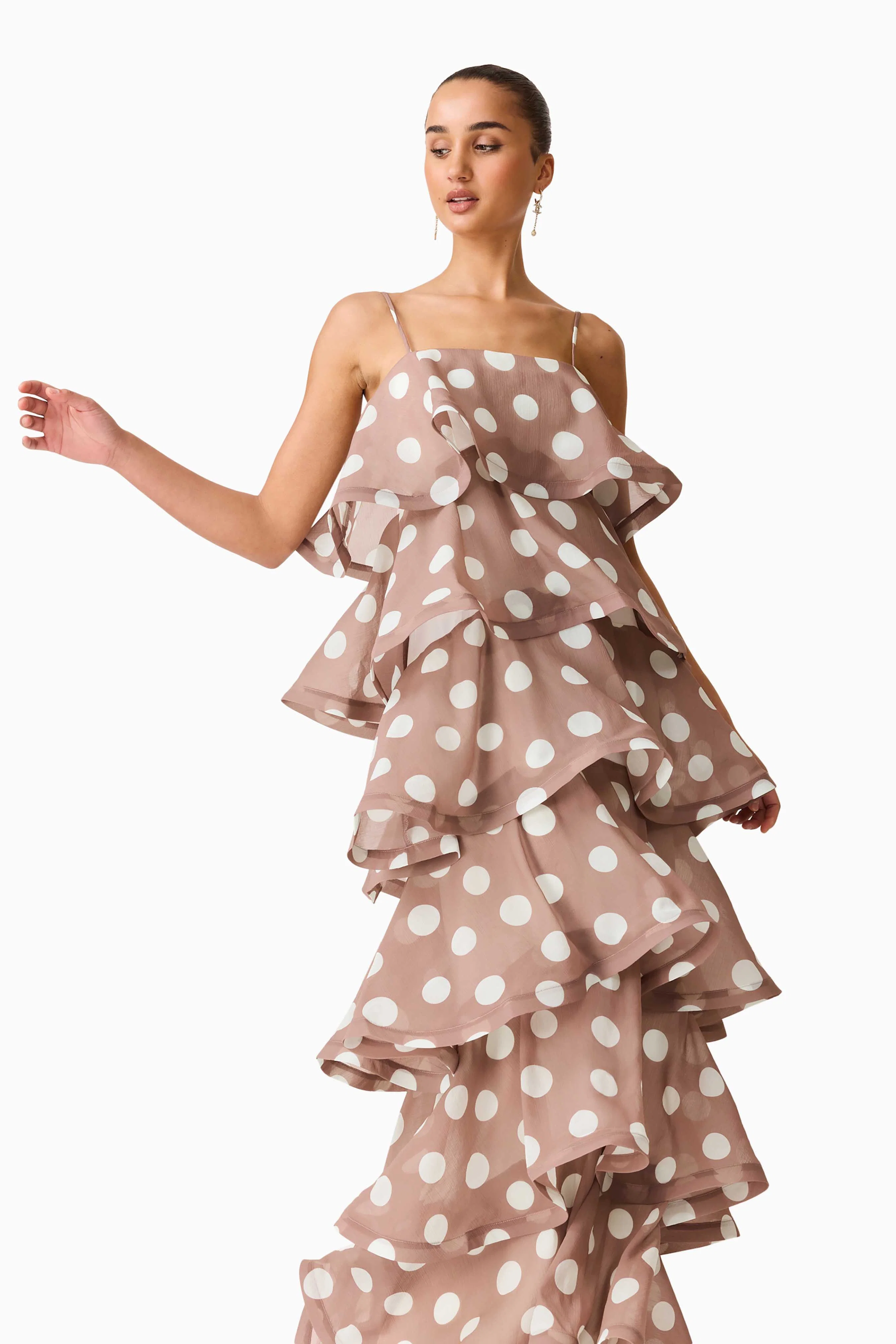 Sola Tiered Maxi Dress in Brown Polkadot