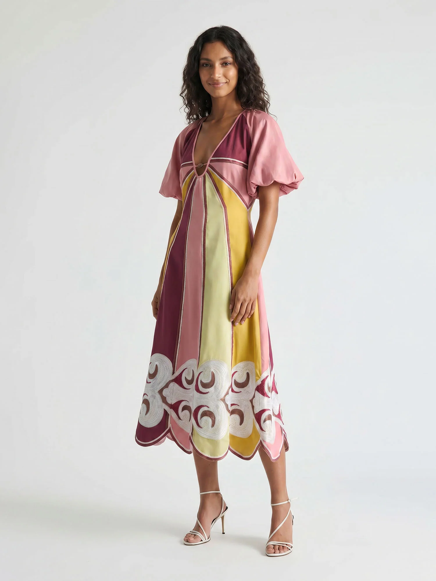 Colorful Panel Puff Sleeve Midi Dress