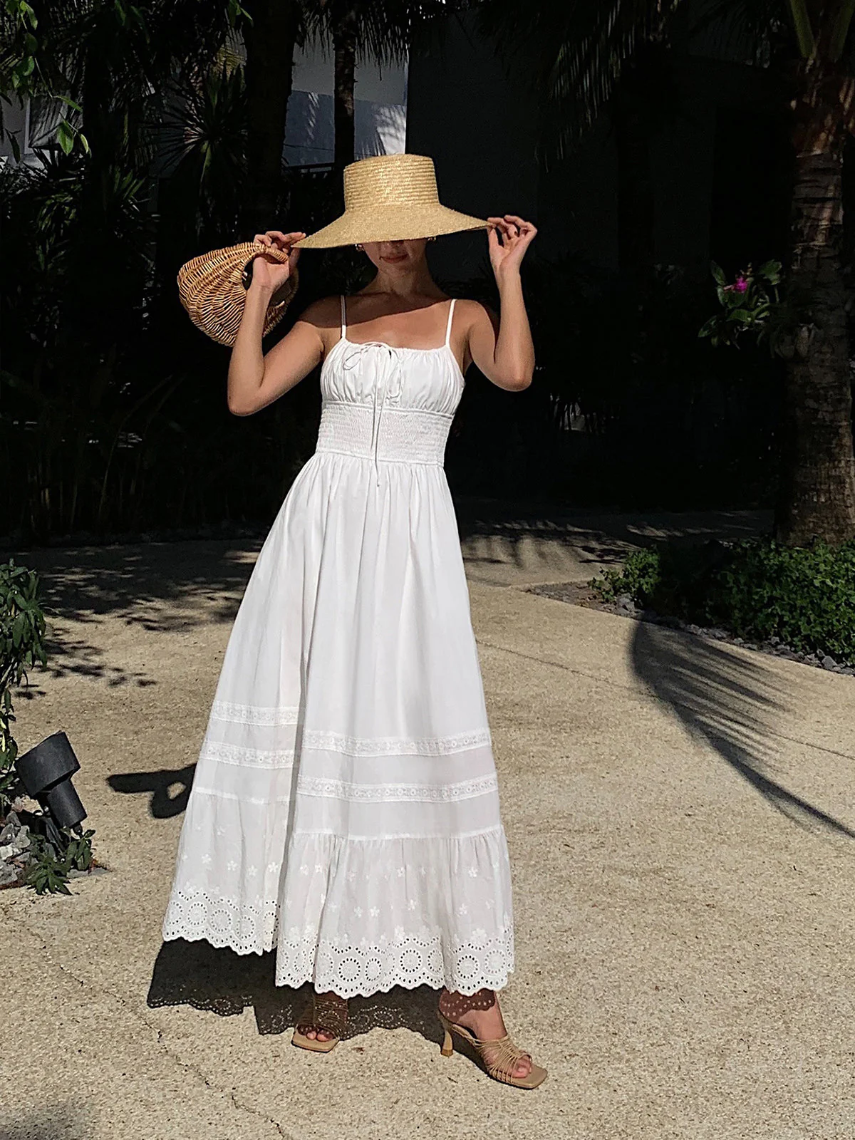 Embroidery Shift Shirred Long Dress - luluinthesky
